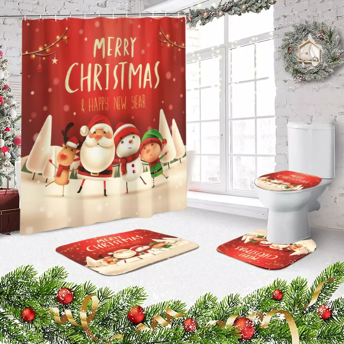 Foto 4 | Juego De Baño Navideñas Cortina De Ducha Impermeable Fundas Rojo Merry Chistmas