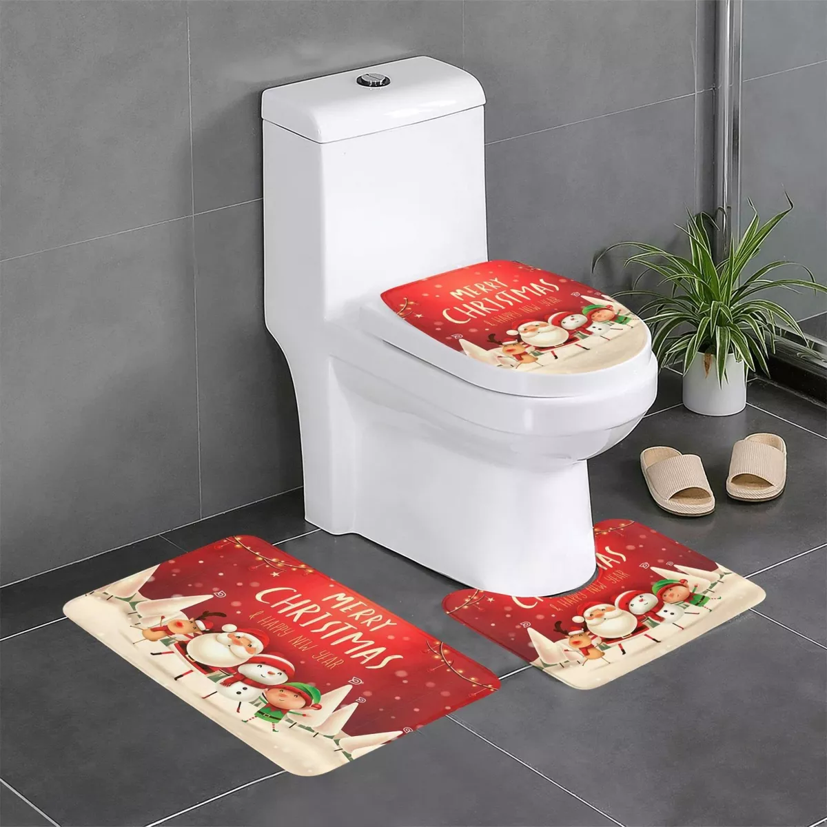 Foto 5 | Juego De Baño Navideñas Cortina De Ducha Impermeable Fundas Rojo Merry Chistmas