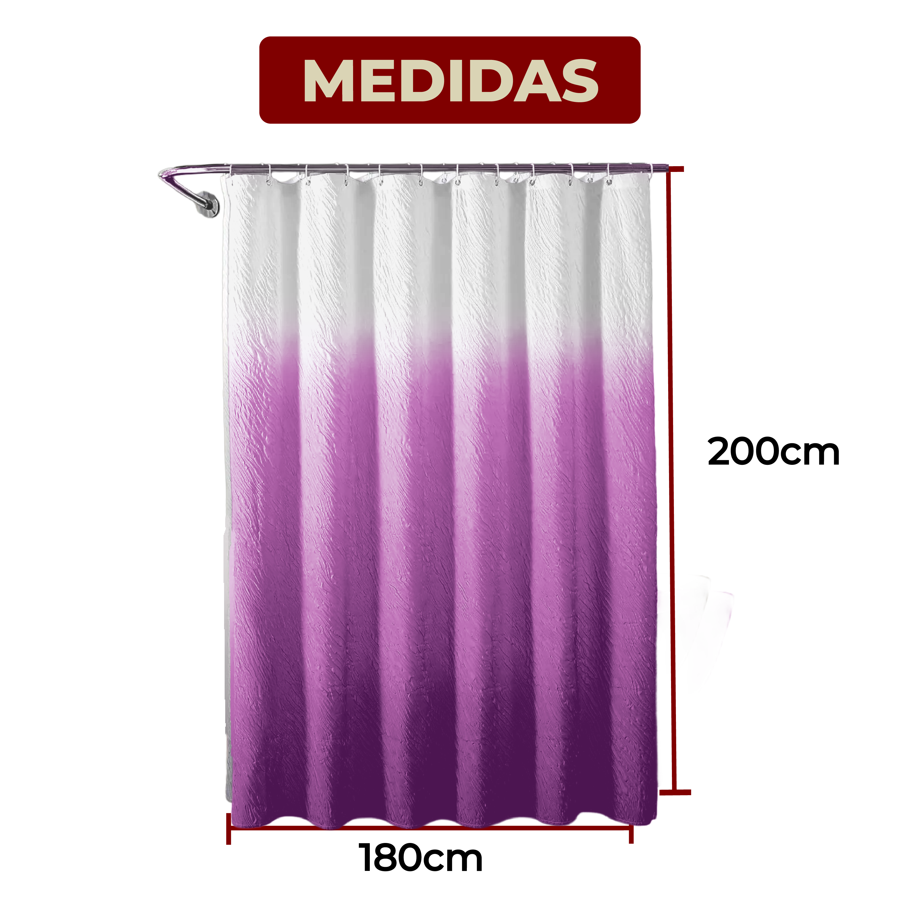 Foto 7 pulgar | Cortina De Baño De Poliéster Premium 180 X 180 Cm Color Morado + Ganchos Acero Inoxidable