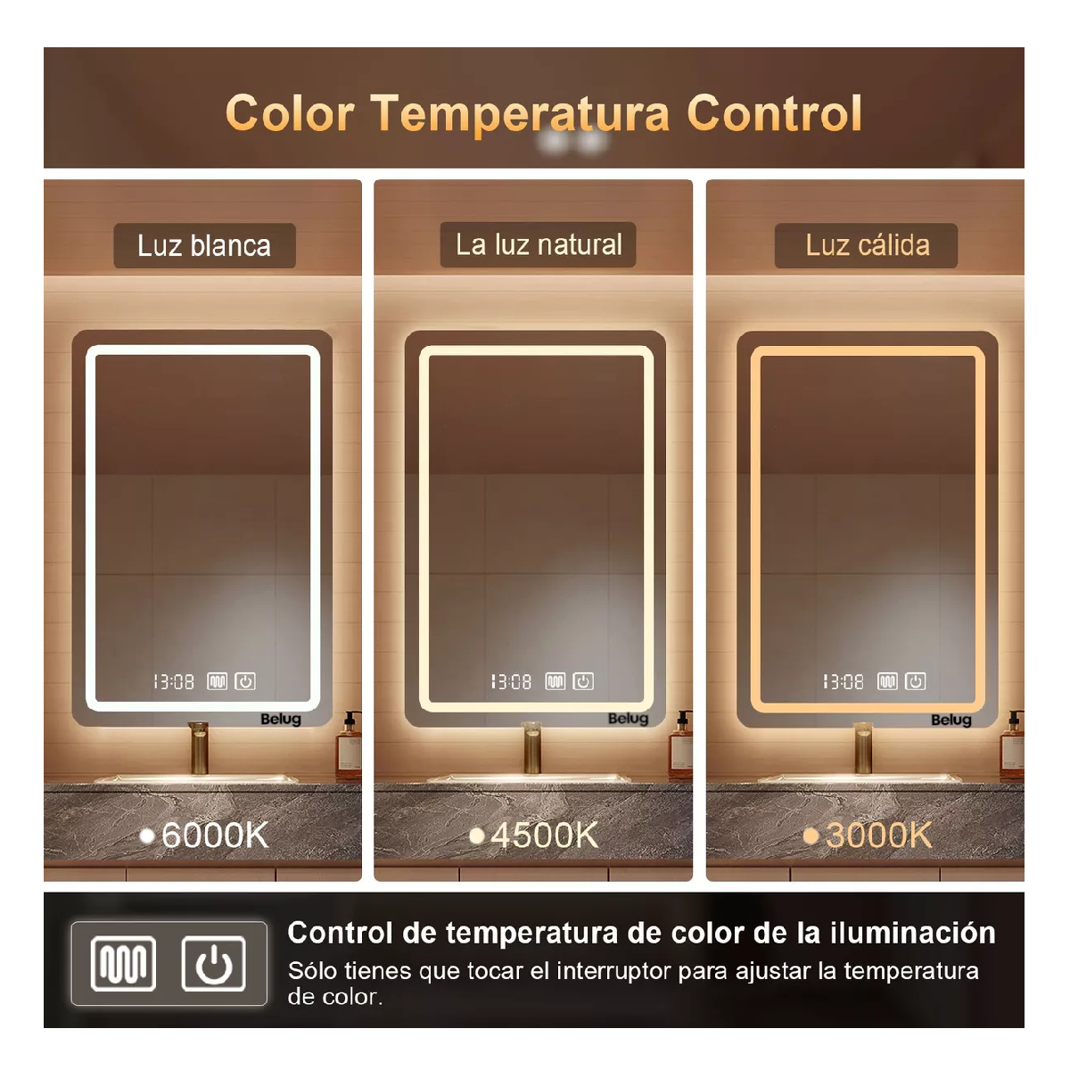 Foto 3 pulgar | Espejo Led Baño 50x70cm Touch 3 Modo Con Función Plata Belug