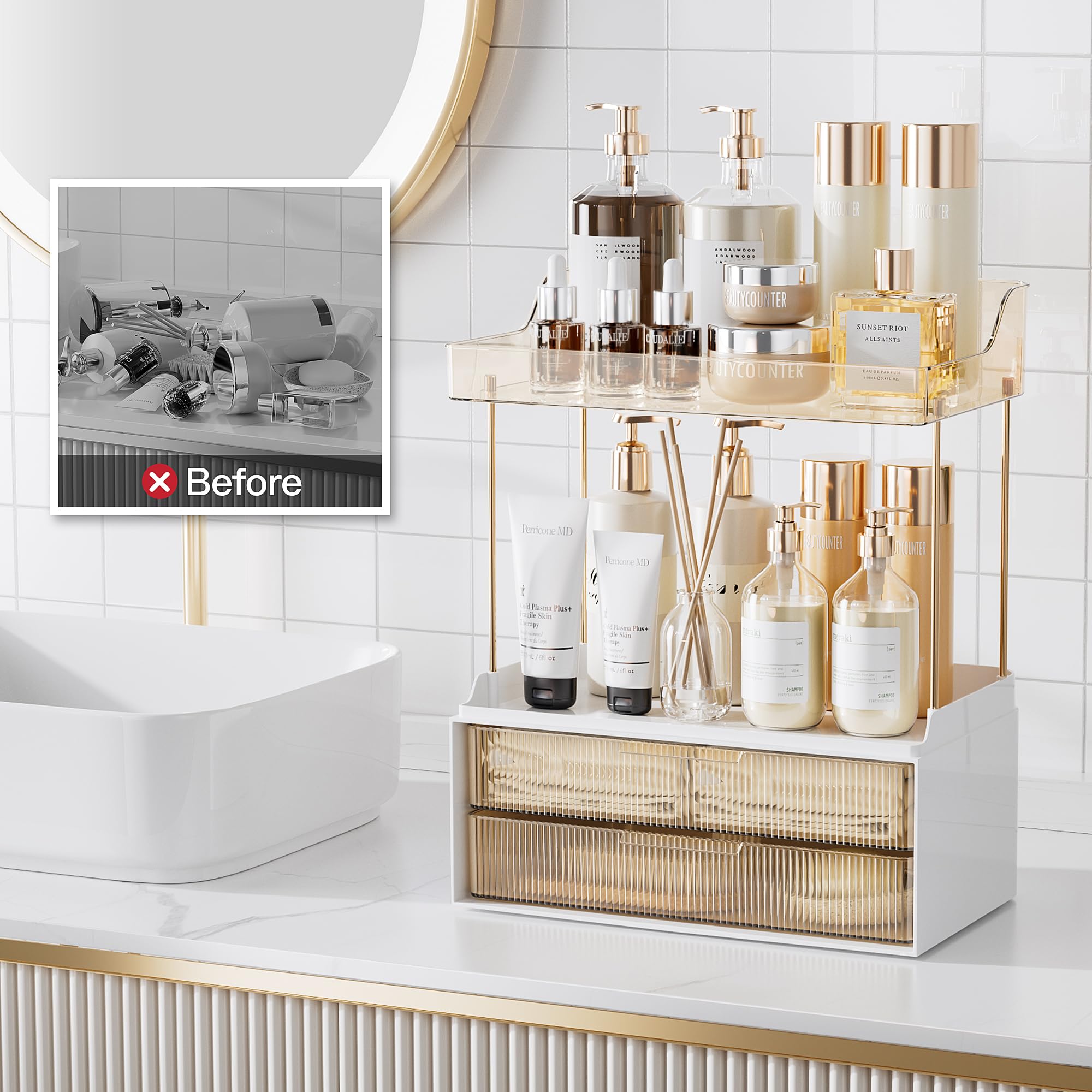 Foto 6 | Organizador Delamu para Encimera de Baño 2 Niveles y 2 Cajones Color Ámbar - Venta Internacional