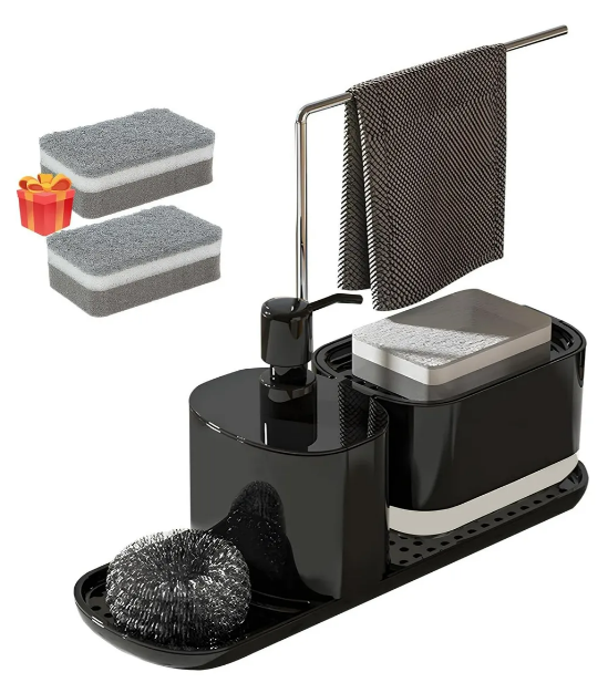 Dispensador Xtellar De Jabón Con Toallero Y Portaesponjas Color Negro