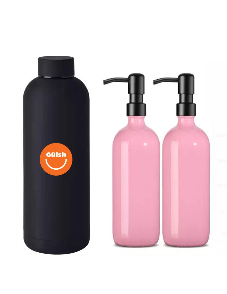 Dispensador De Jabon2 Pzs De Vidrio Rosa  + Termo Güish Gratis