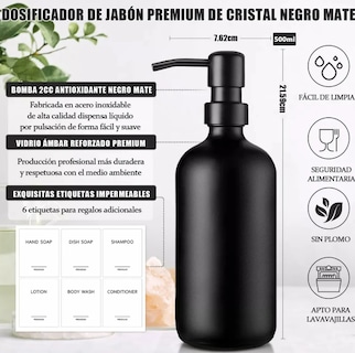 Foto 2 | Xtellar- Kit De Dispensadores De Jabón En Vidrio Elegante Para Cocina Y Baño, Negro Mate, 2 Unidades.
