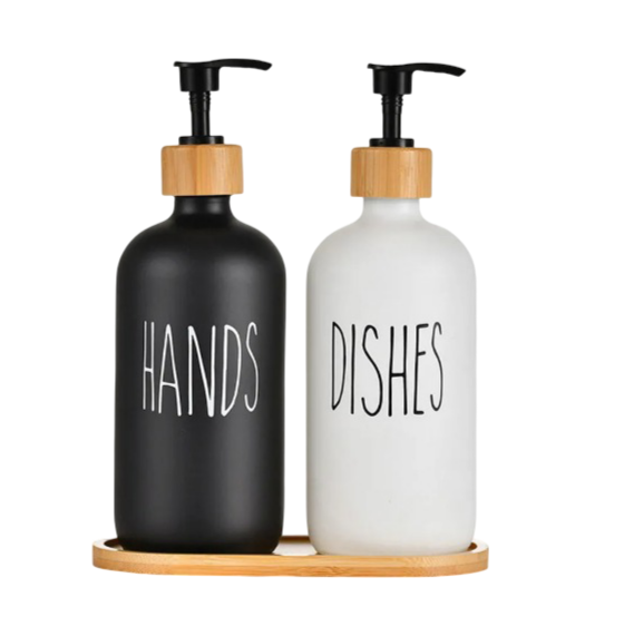 Set Xtellar De Dispensadores De Jabón Líquido De Vidrio Y Bambú Con Bandeja De Madera - 500ml*2