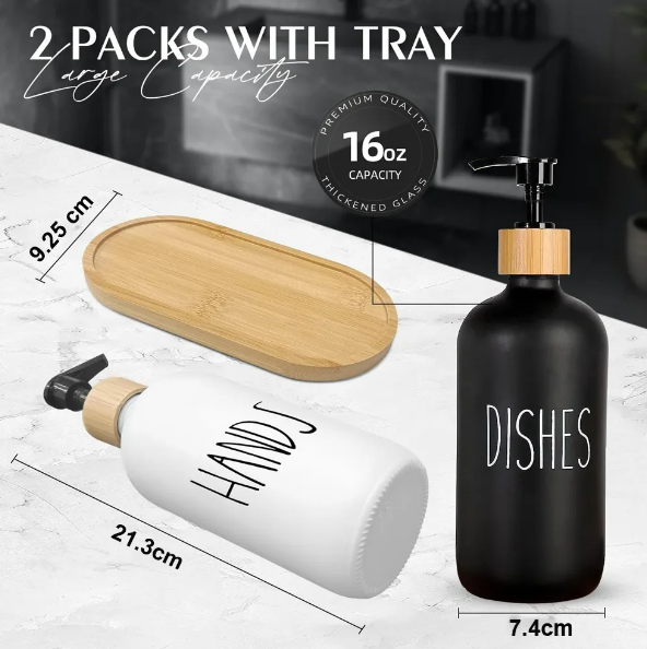 Foto 4 pulgar | Set Xtellar De Dispensadores De Jabón Líquido De Vidrio Y Bambú Con Bandeja De Madera - 500ml*2