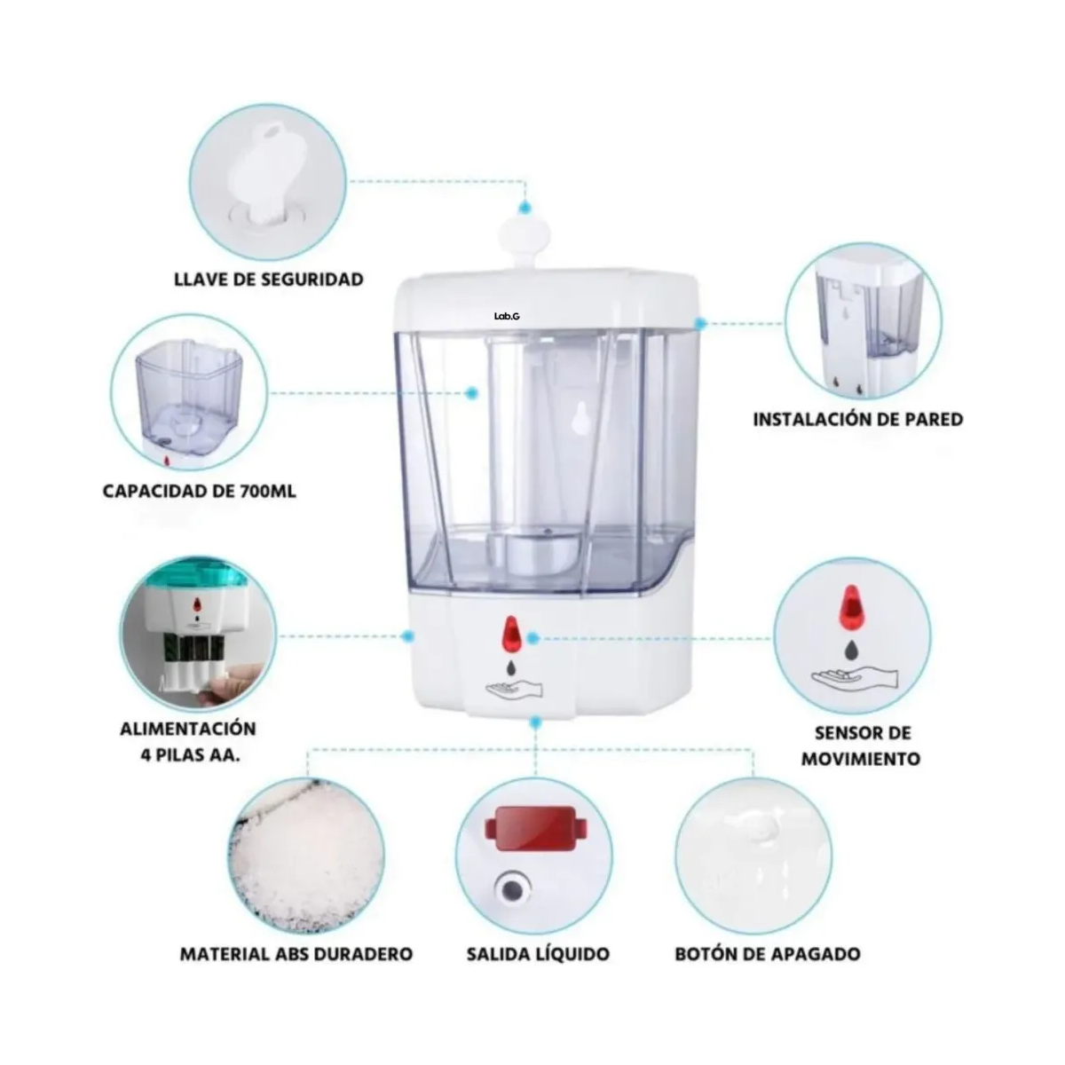 Foto 6 pulgar | Dispensador Automático De Jabón De Gel Antibacteriano 700ml Lab.g Blanco