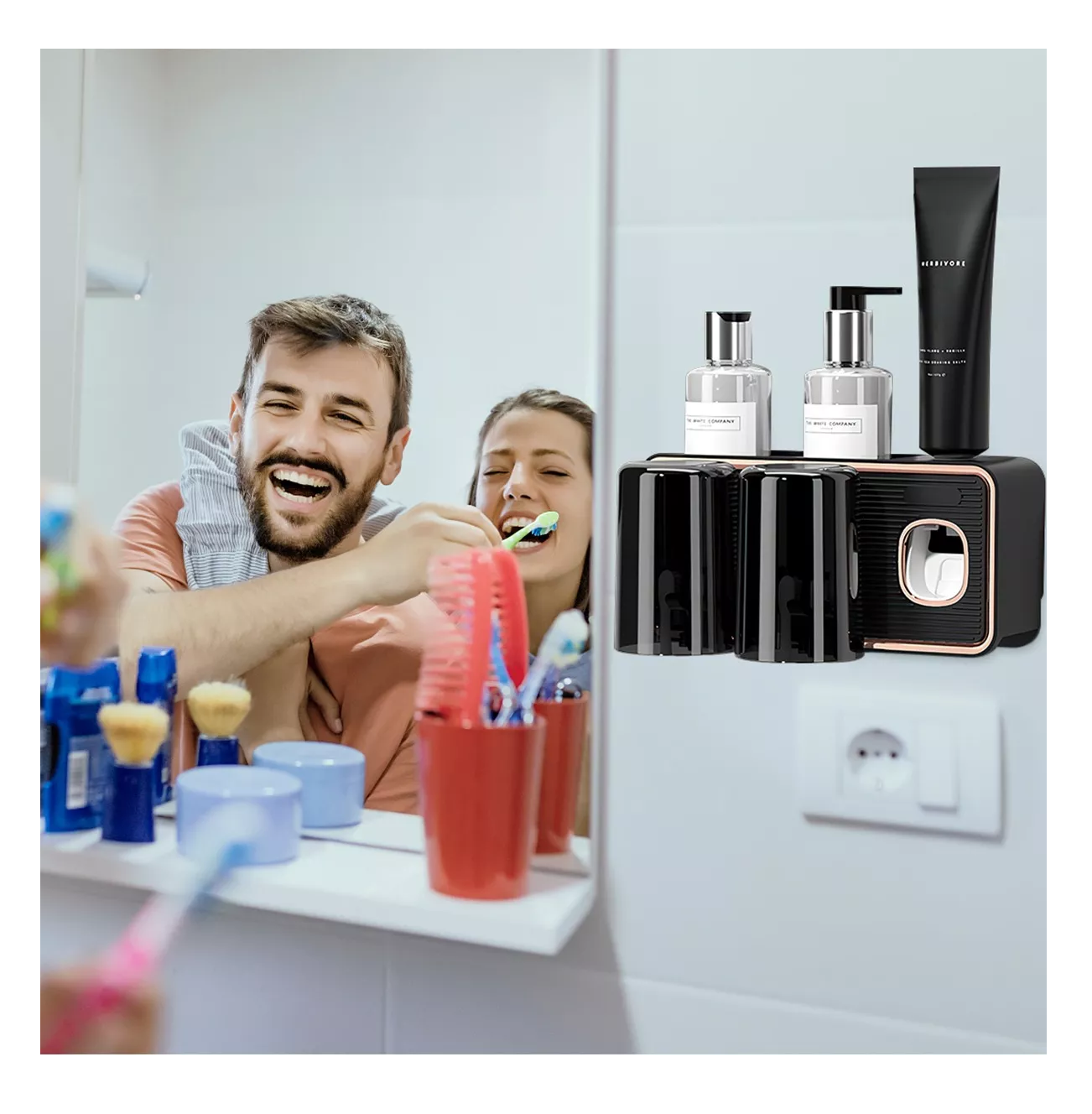 Foto 5 pulgar | Portacepillos de Pared Organizador con Dispensador de Pasta Negro Bordos Rosa