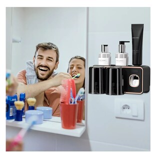 Foto 4 | Portacepillos de Pared Organizador con Dispensador de Pasta Negro Bordos Rosa