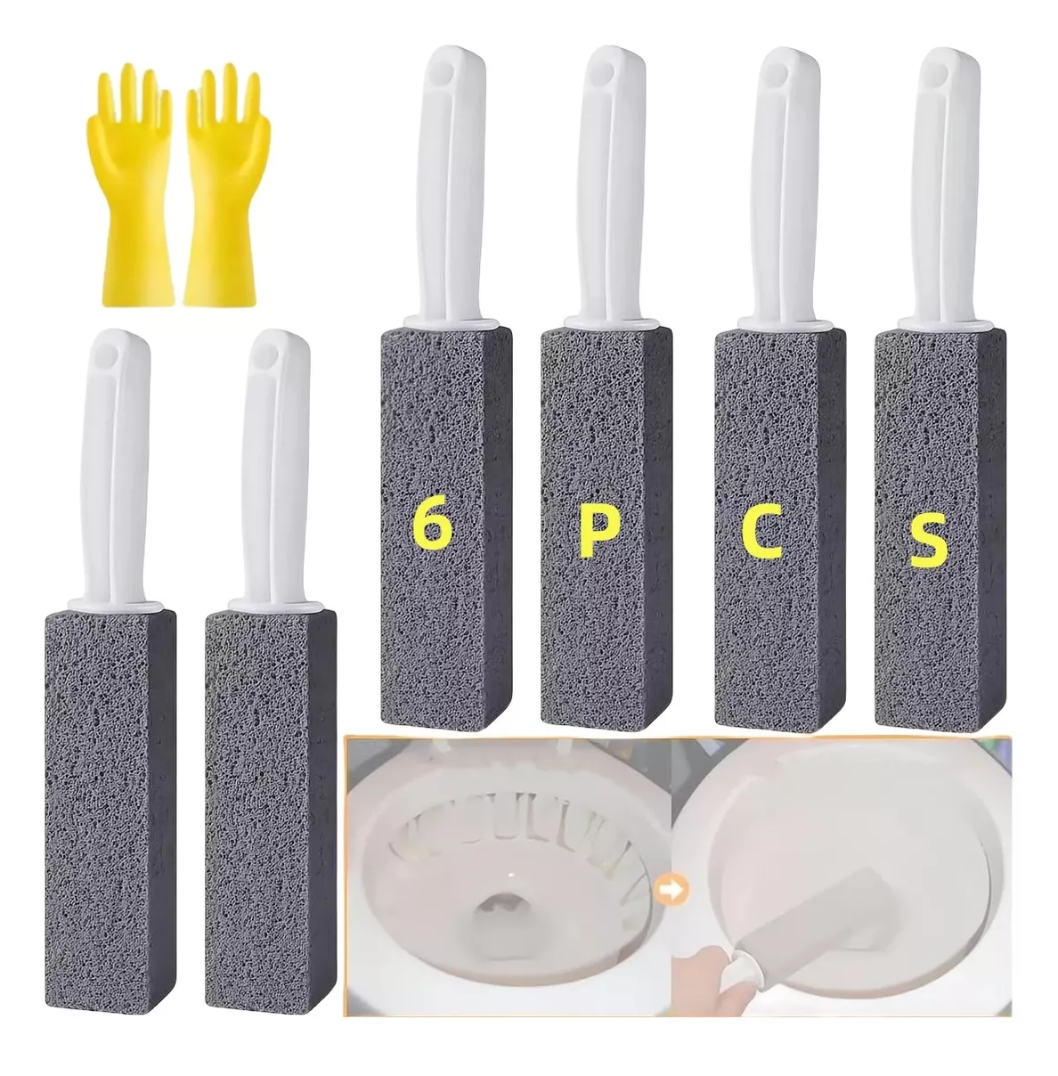 Foto 4 pulgar | Limpieza Inodoro De Baño Cepillo Piedra Pómez+ Guantes 6 Pcs Gris