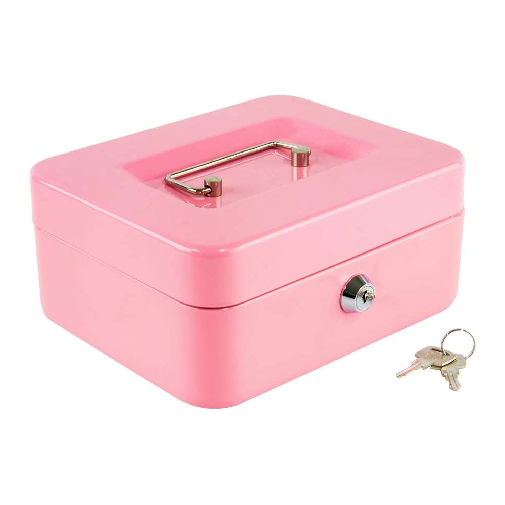 Caja Fuerte de Seguridad HappyWare 100142_2 color Rosa Metálica para Dinero con Charola y Llaves