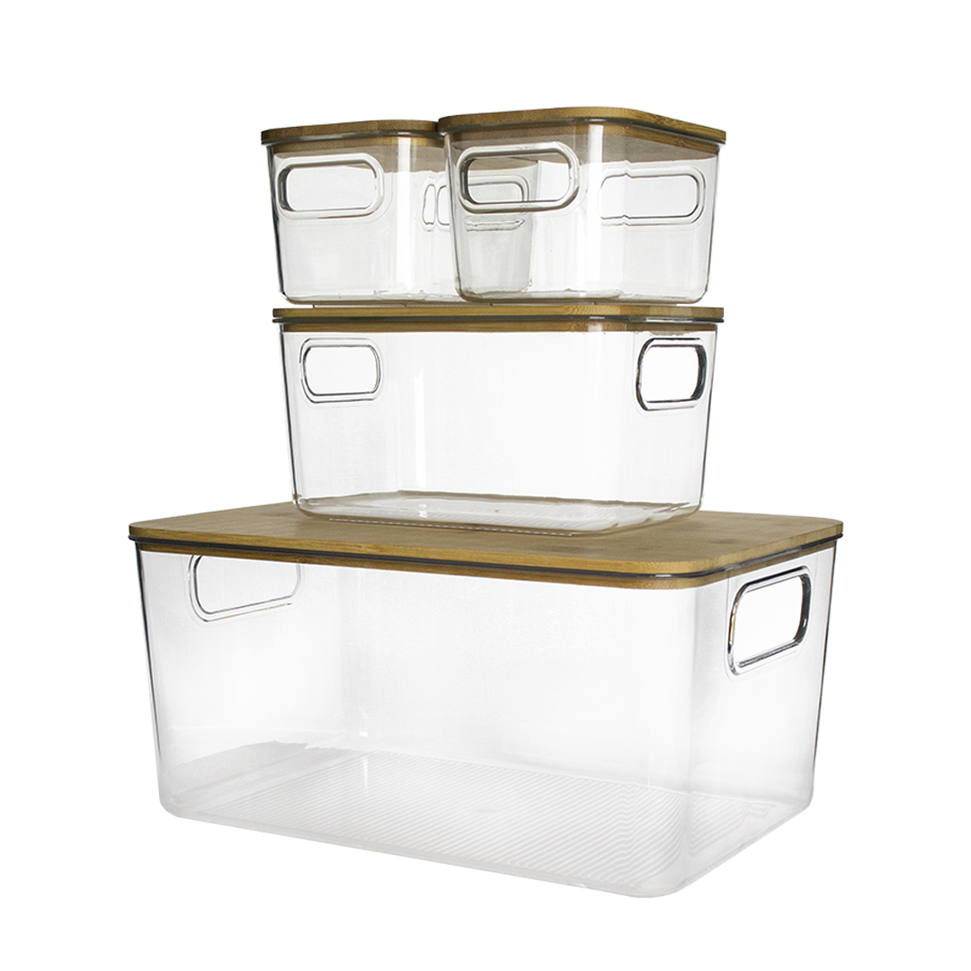 Set De 4 Cajas De Acrílico Transparente Con Tapa De Bambú