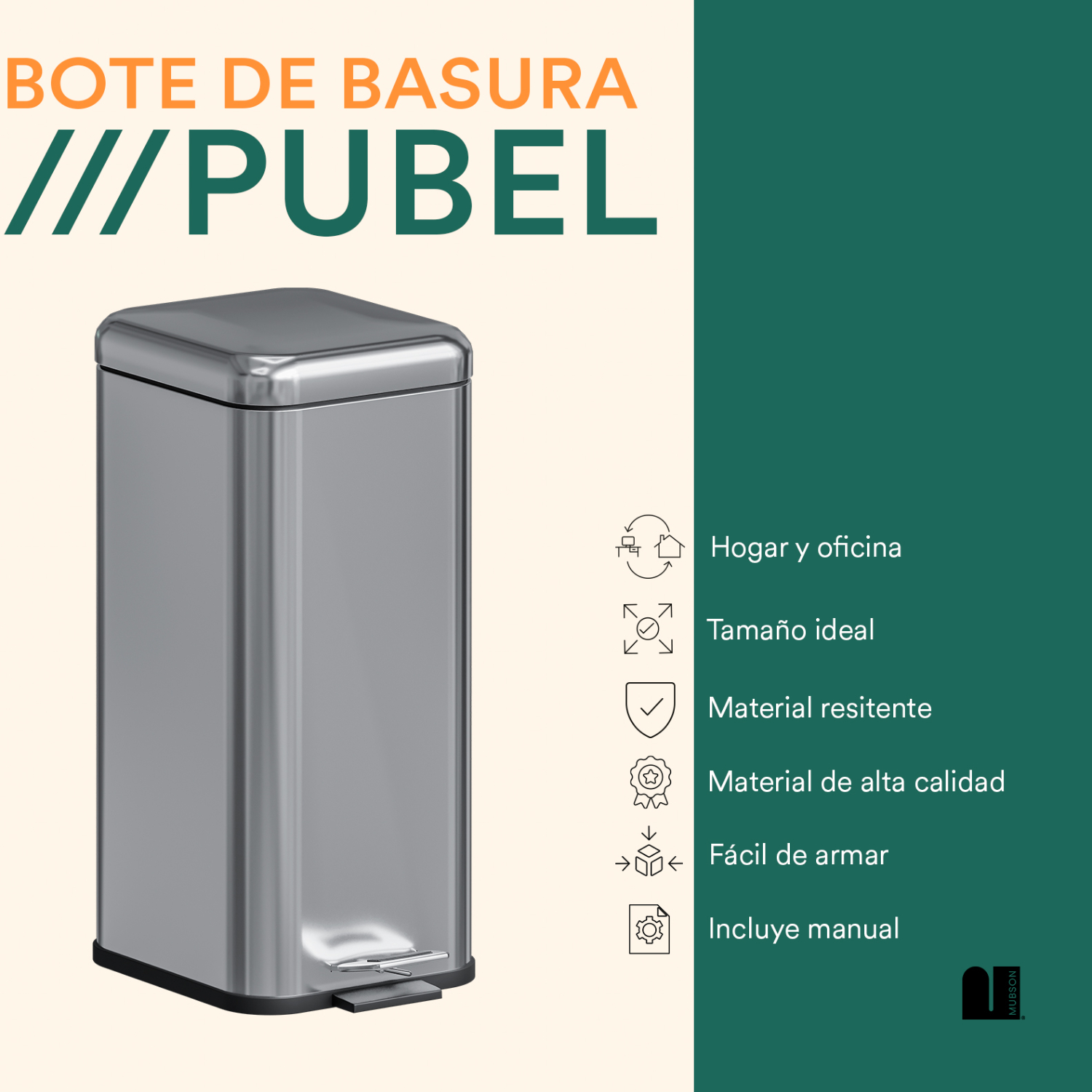 Foto 4 pulgar | Bote De Basura Cuadrado 30 L Mubson. Basurero Pubel