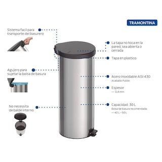 Foto 4 | Bote de Basura de Acero Inoxidable con Pedal Tramontina 30 L