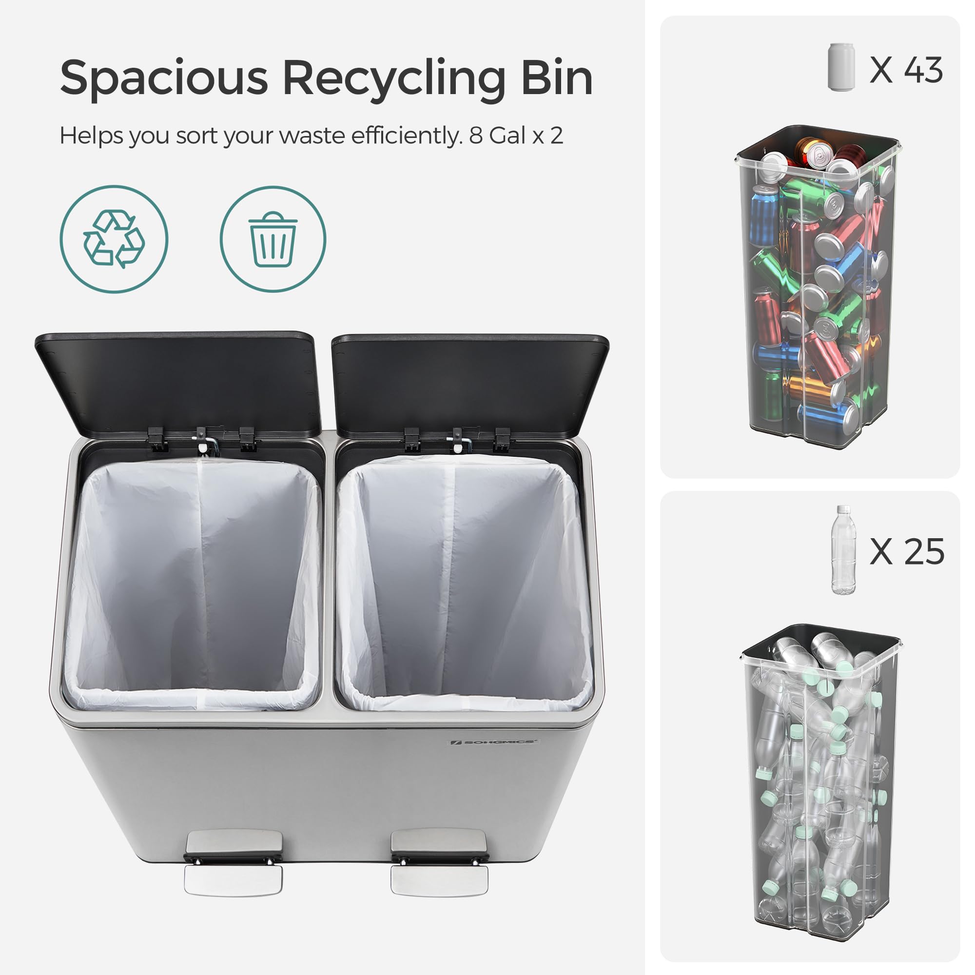 Foto 7 pulgar | Bote De Basura Songmics Ultb60nl 2 X 30 L Con 15 Bolsas De Basura Plateadas