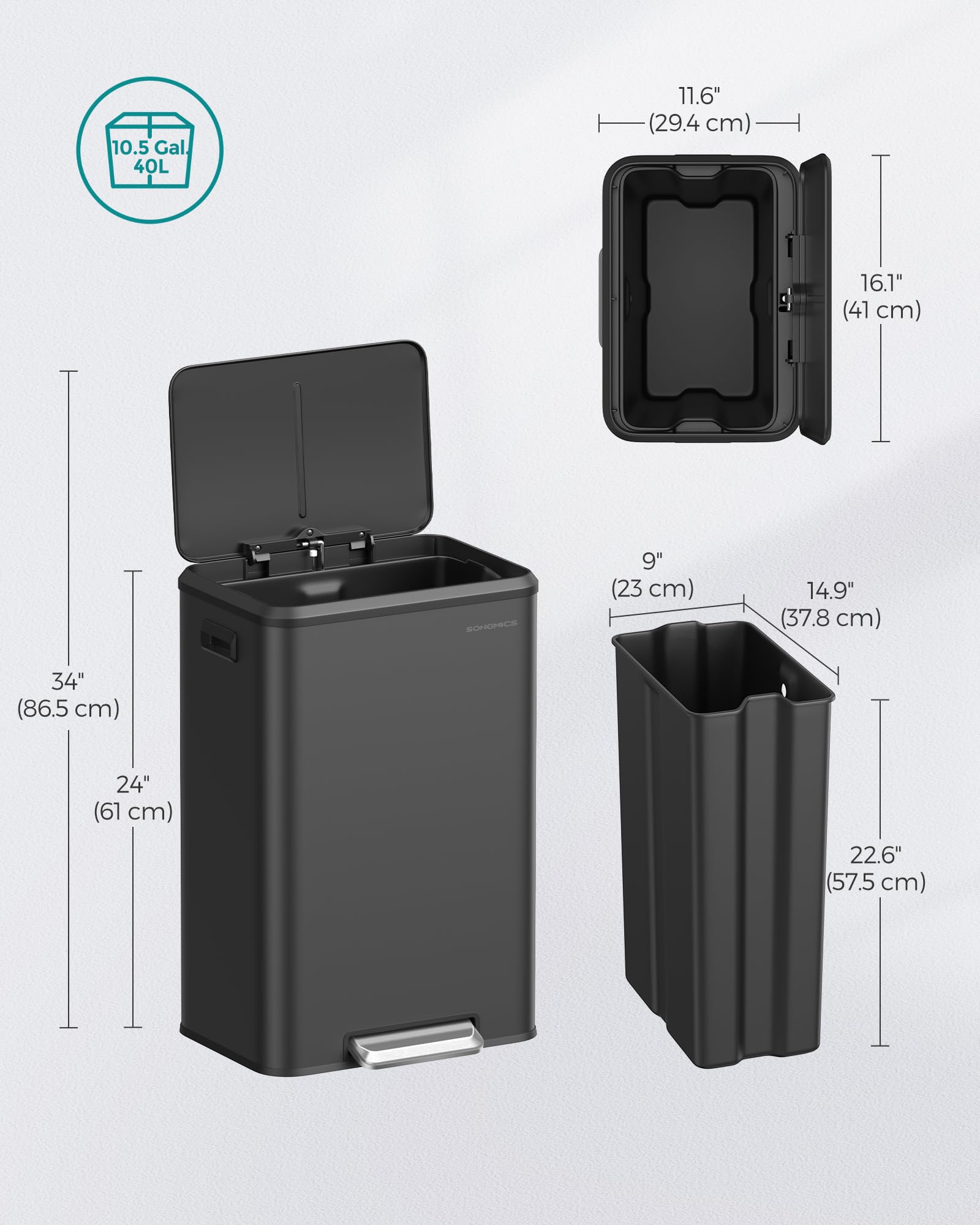 Foto 8 pulgar | Cubo De Basura De Cocina Songmics De 40 Litros Con Tapa Y Pedal - Venta Internacional.