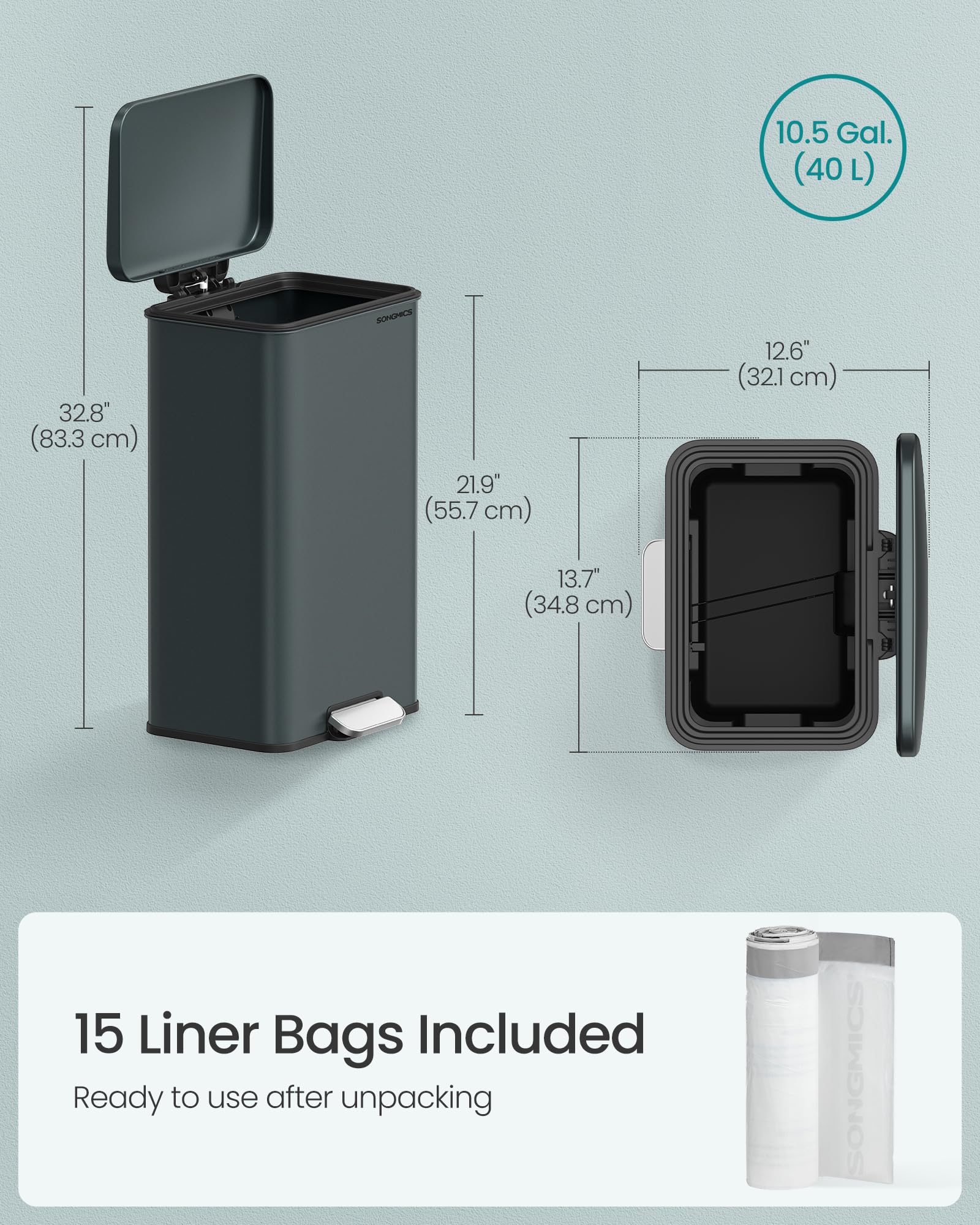 Foto 7 pulgar | Cubo De Basura De Cocina Songmics 40l Con Tapa De Acero Inoxidable Gris - Venta Internacional.