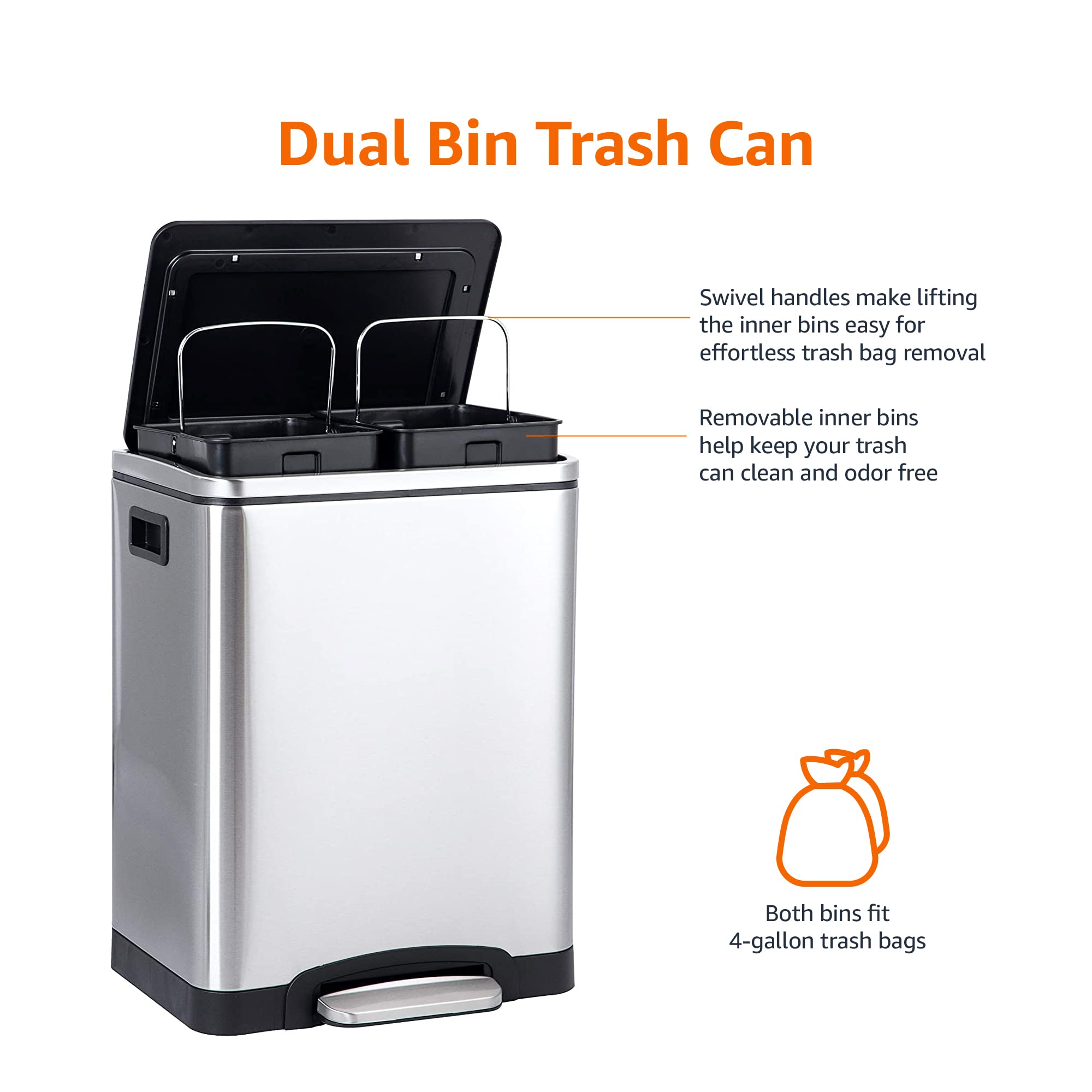 Foto 3 pulgar | Cubo De Basura Amazon Basics, 30 Litros, Doble Papelera De Acero Inoxidable Con Cierre Suave - Venta Internacional.