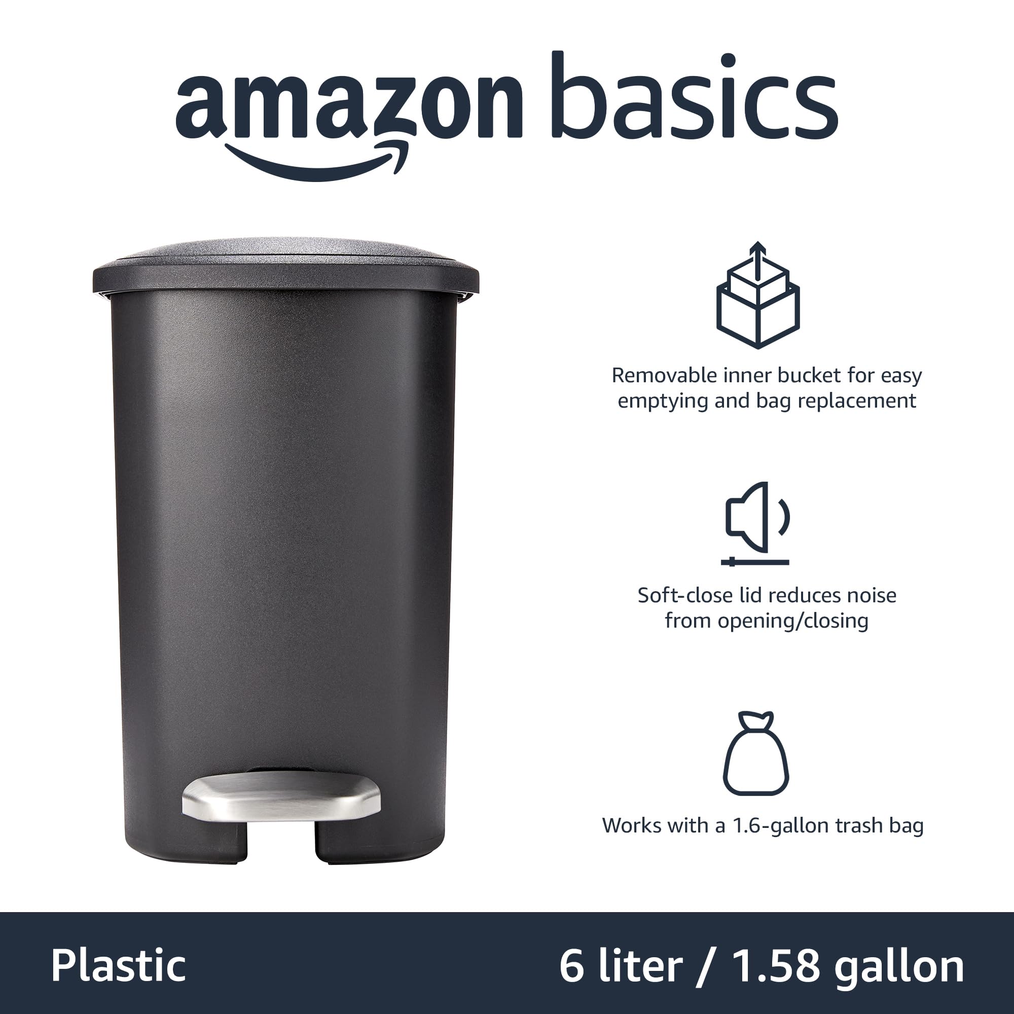 Foto 3 pulgar | Cubo De Basura Amazon Basics Compact Bathroom 6l Negro - Venta Internacional.