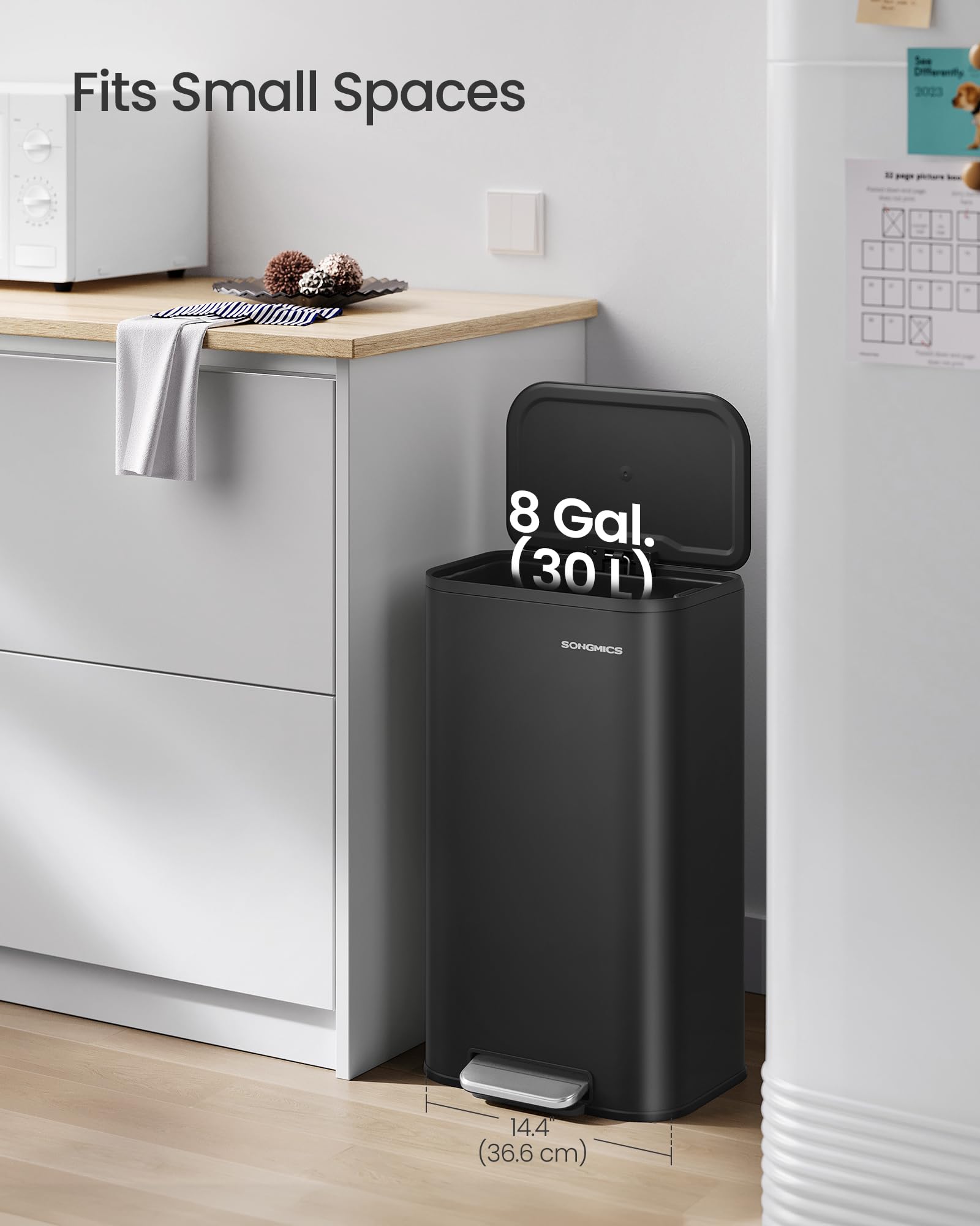 Foto 3 | Bidón De Basura Songmics De Acero Inoxidable De 30 Litros Con Tapa De Tinta, Color Negro - Venta Internacional.