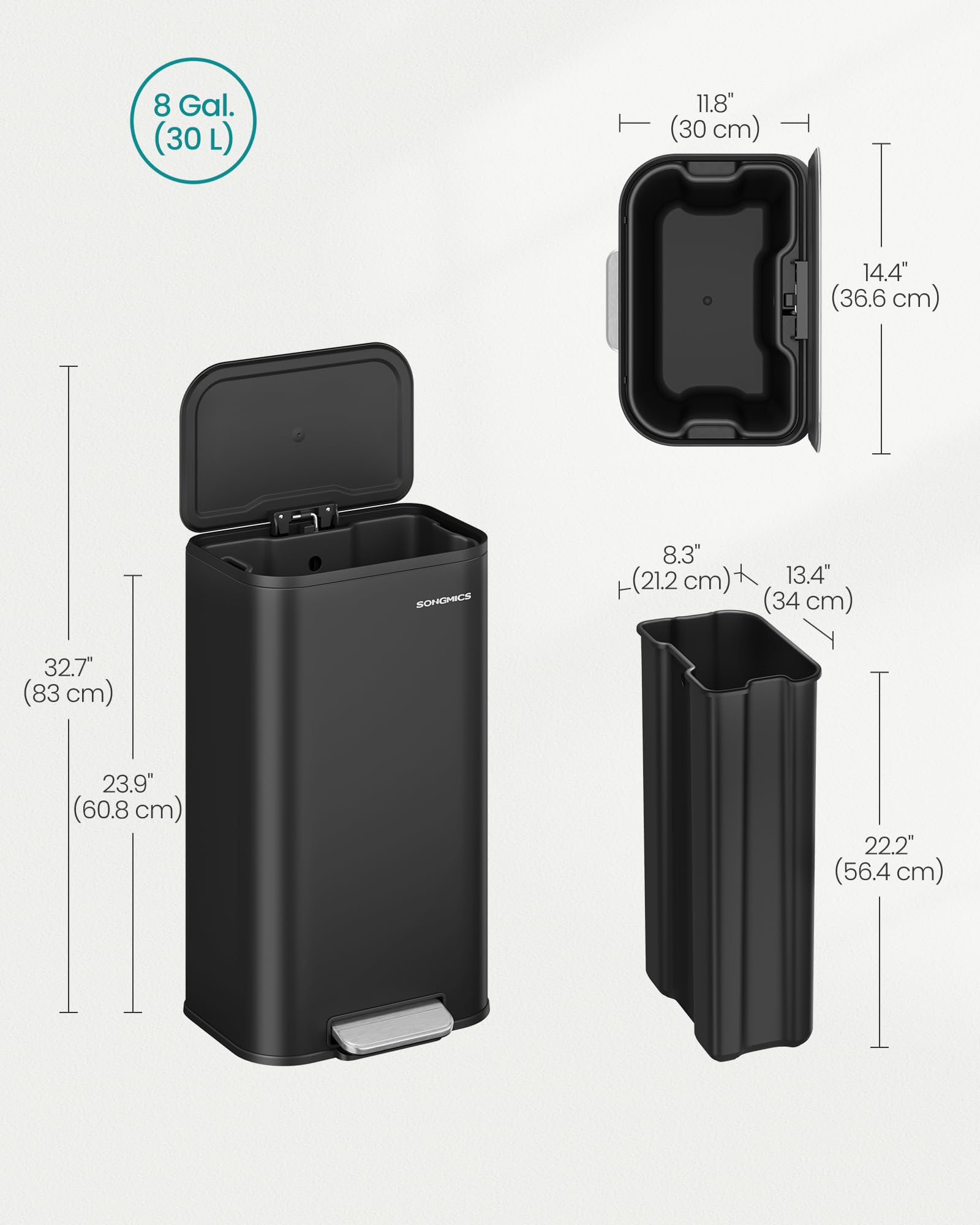 Foto 5 | Bidón De Basura Songmics De Acero Inoxidable De 30 Litros Con Tapa De Tinta, Color Negro - Venta Internacional.