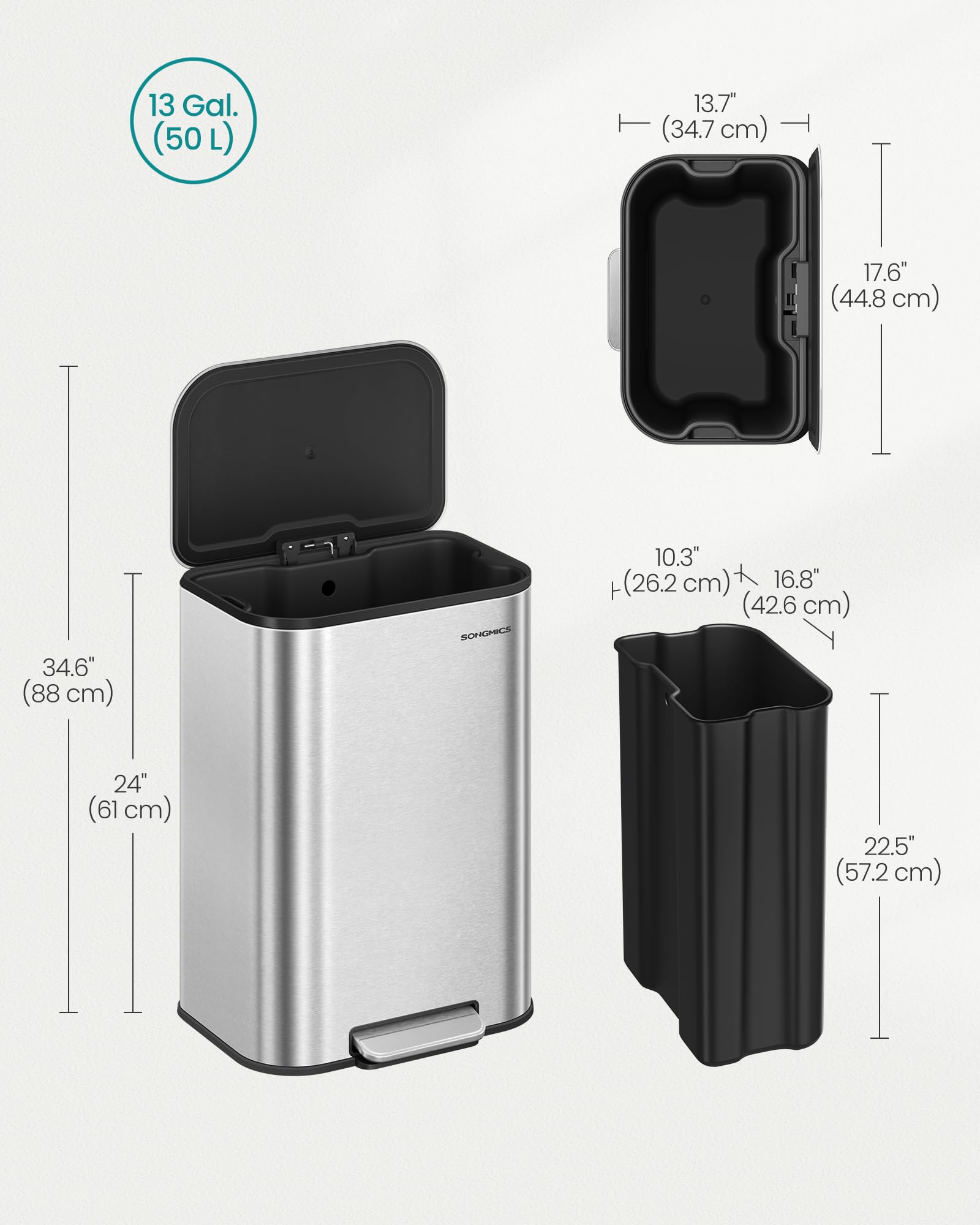 Foto 5 | Bote De Basura Songmics 50l De Acero Inoxidable Con Tapa Ultb547e01 Sil - Venta Internacional.