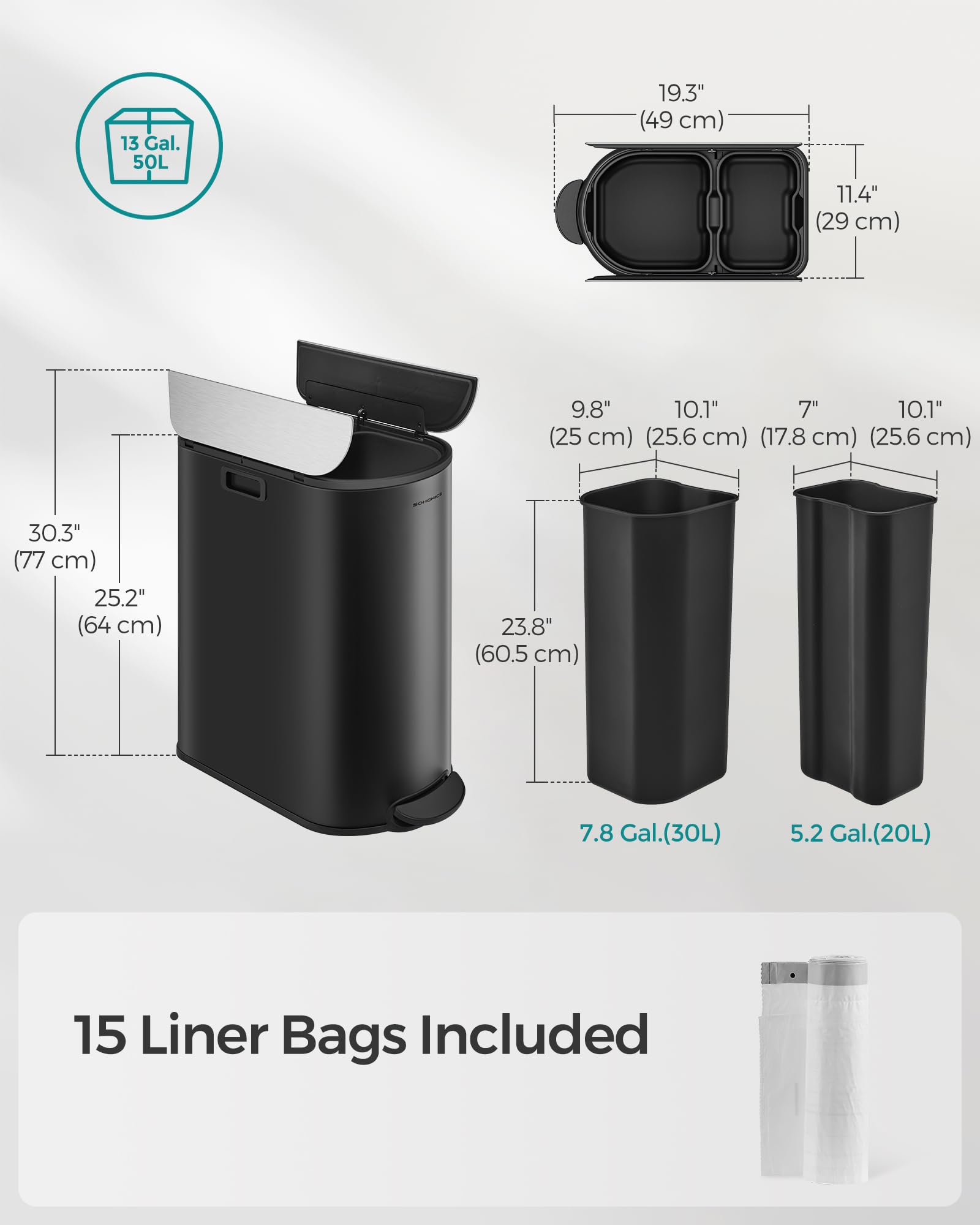 Foto 7 | Cubo De Basura Songmics De 49 L Para Cocina Doble Con Tapas Laterales, Acero Inoxidable S - Venta Internacional.
