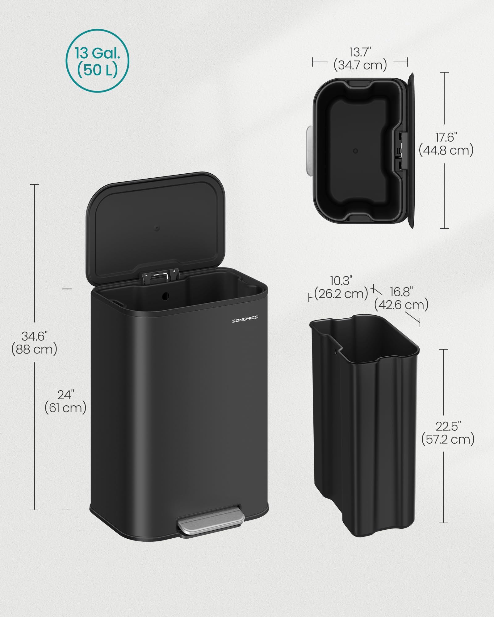 Foto 6 pulgar | Bidón De Basura Songmics 50l De Acero Inoxidable Con Tapa De Tinta Negra Ultb - Venta Internacional.