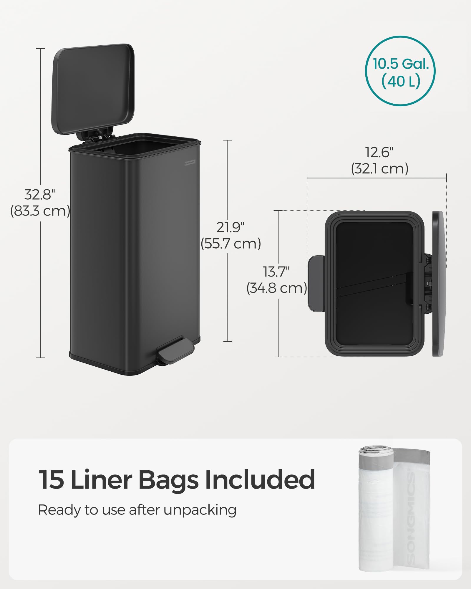Foto 7 | Bote De Basura Songmics De Acero Inoxidable De 40 Litros Con Tapa De Cierre Suave - Venta Internacional.