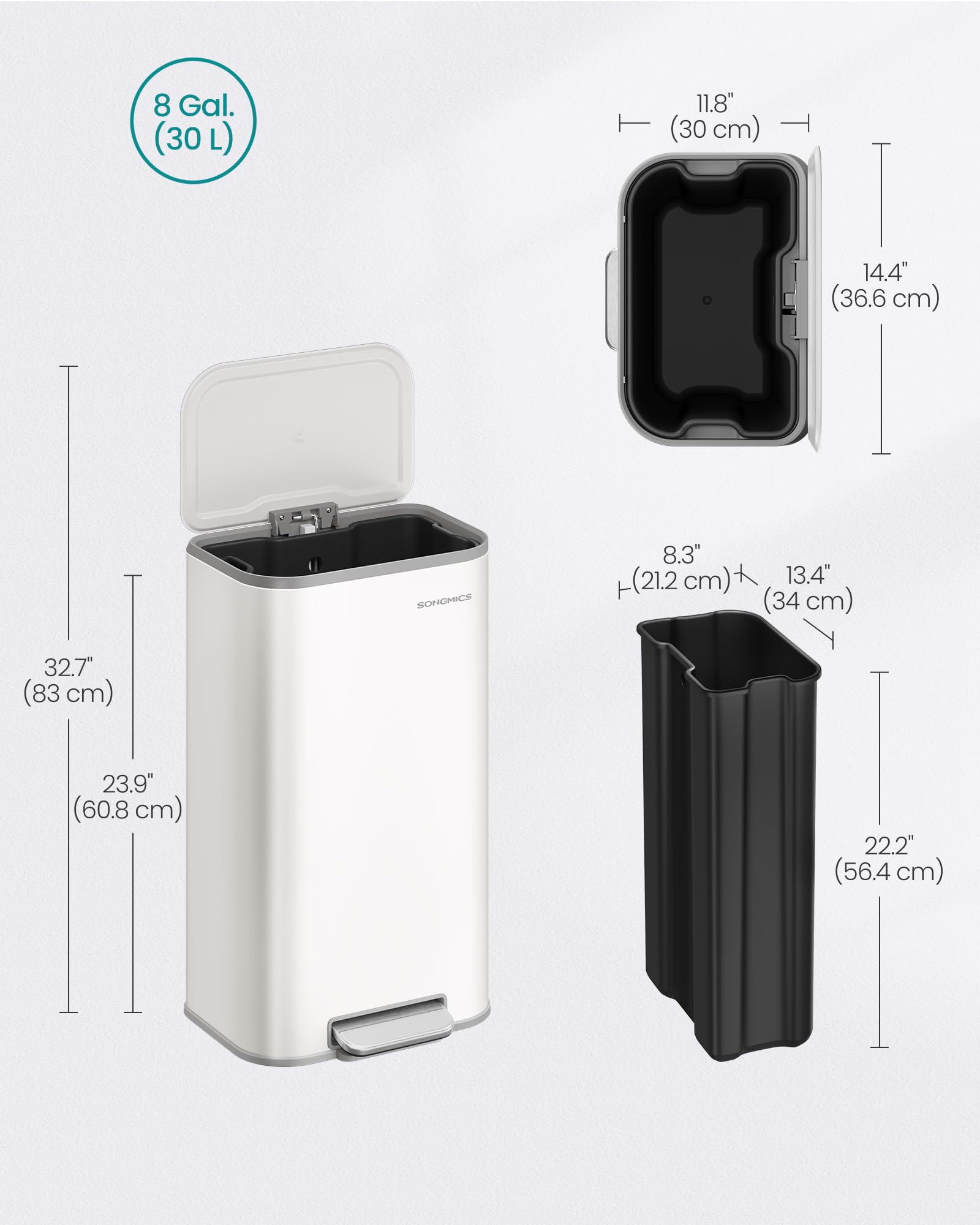 Foto 6 pulgar | Bote De Basura Songmics De Acero Inoxidable De 30 Litros Con Tapa, Color Blanco Nube - Venta Internacional.