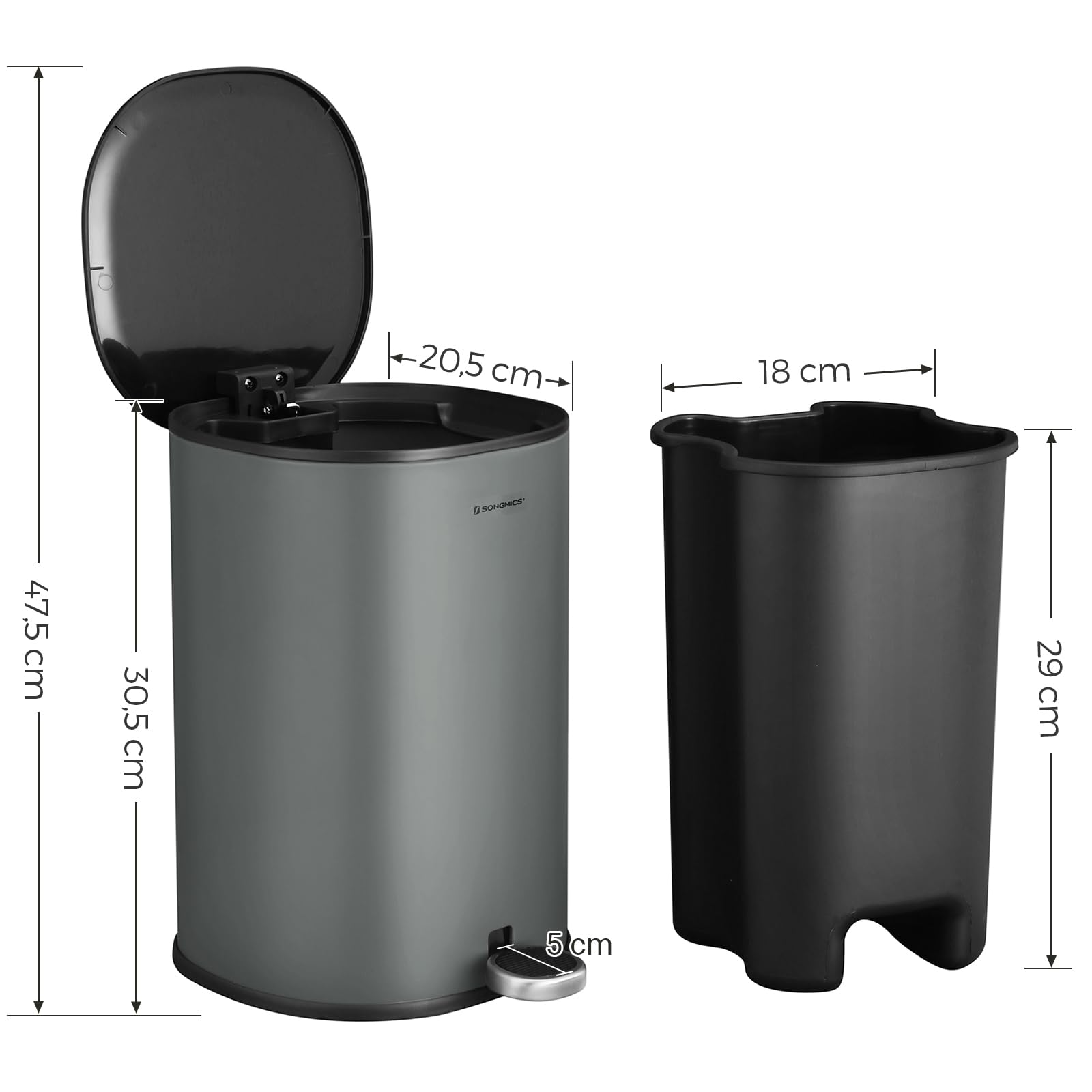 Foto 6 pulgar | Songmics Cubo Basura 5 l Con Pedal, Tapa, Cubo Interior, Cierre Suave, Gris/negro, Baño, Mltb14gs.