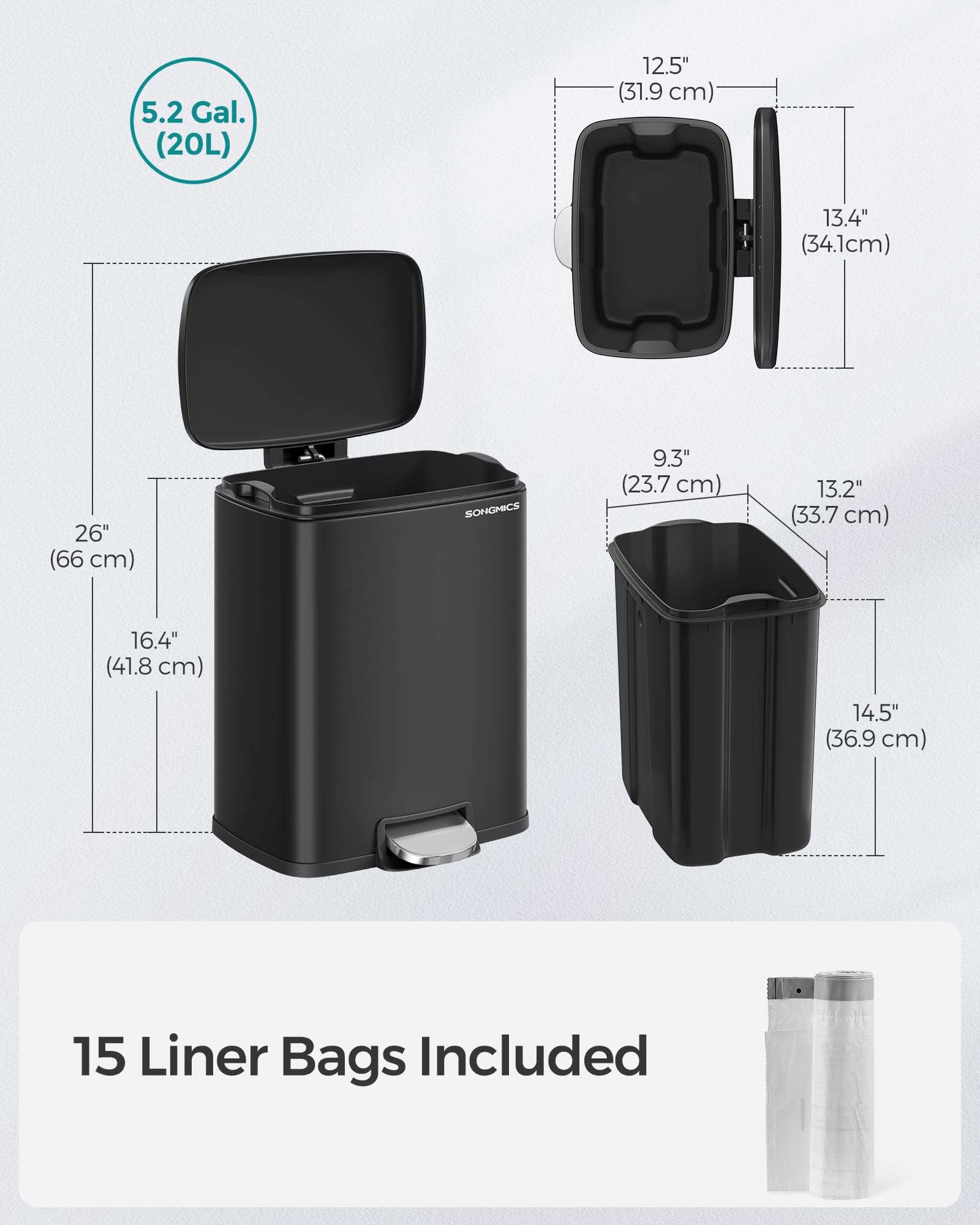 Foto 8 pulgar | Cubo De Basura Songmics De Acero Inoxidable De 20 Litros Con Tapa Negra Ultb543b01 - Venta Internacional.