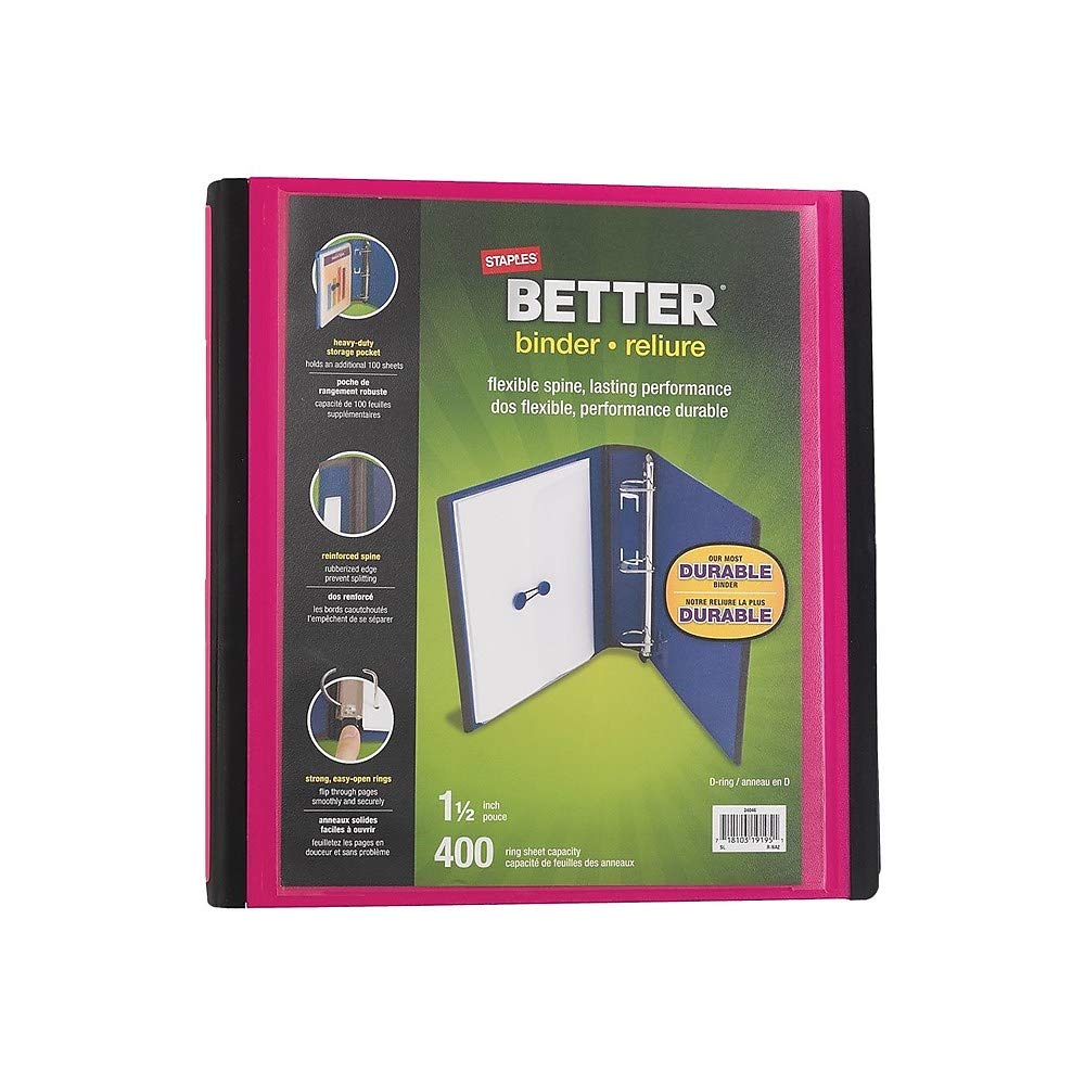 Binder Staples 651746, 3 Anillos Better, 1.5 Pulgadas, Rosa - Venta Internacional.