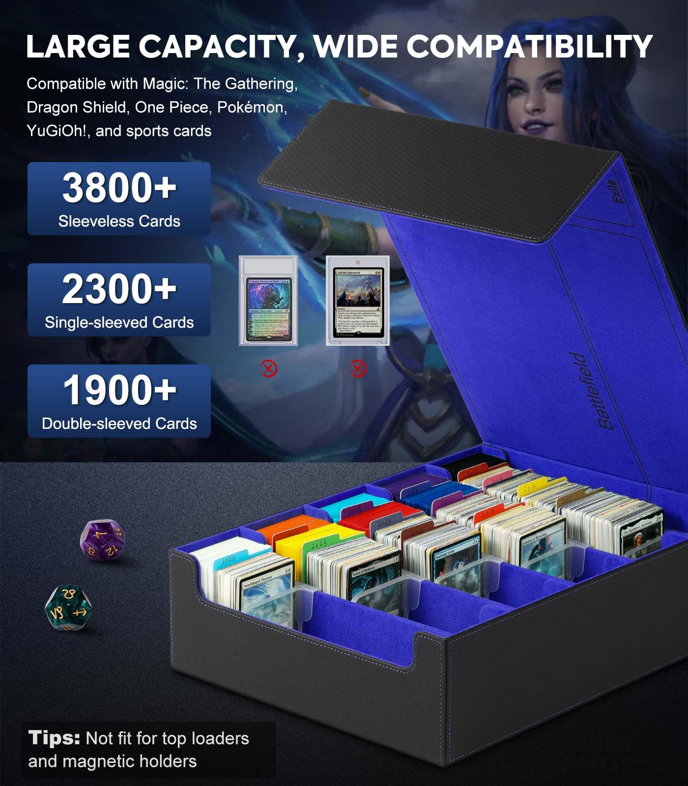 Foto 3 | Caja De Almacenamiento De Tarjetas Coleccionables Moko 3800+ Mtg Con Separadores, Negro Y Azul - Venta Internacional.