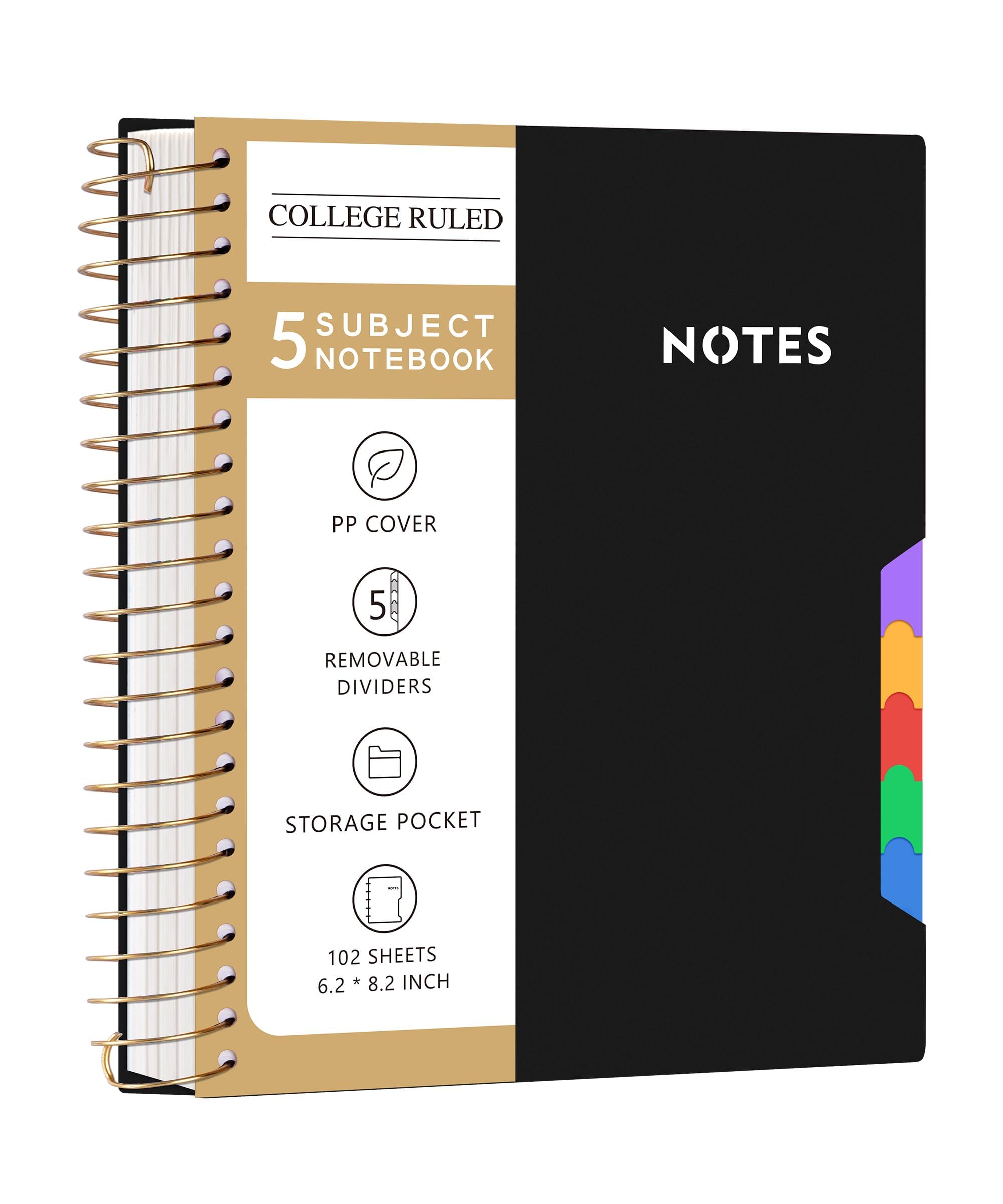 Cuaderno Cagie De 5 Asignaturas Con Reglas Universitarias Con Pestañas Extraíbles, Tamaño A5 - Venta Internacional.