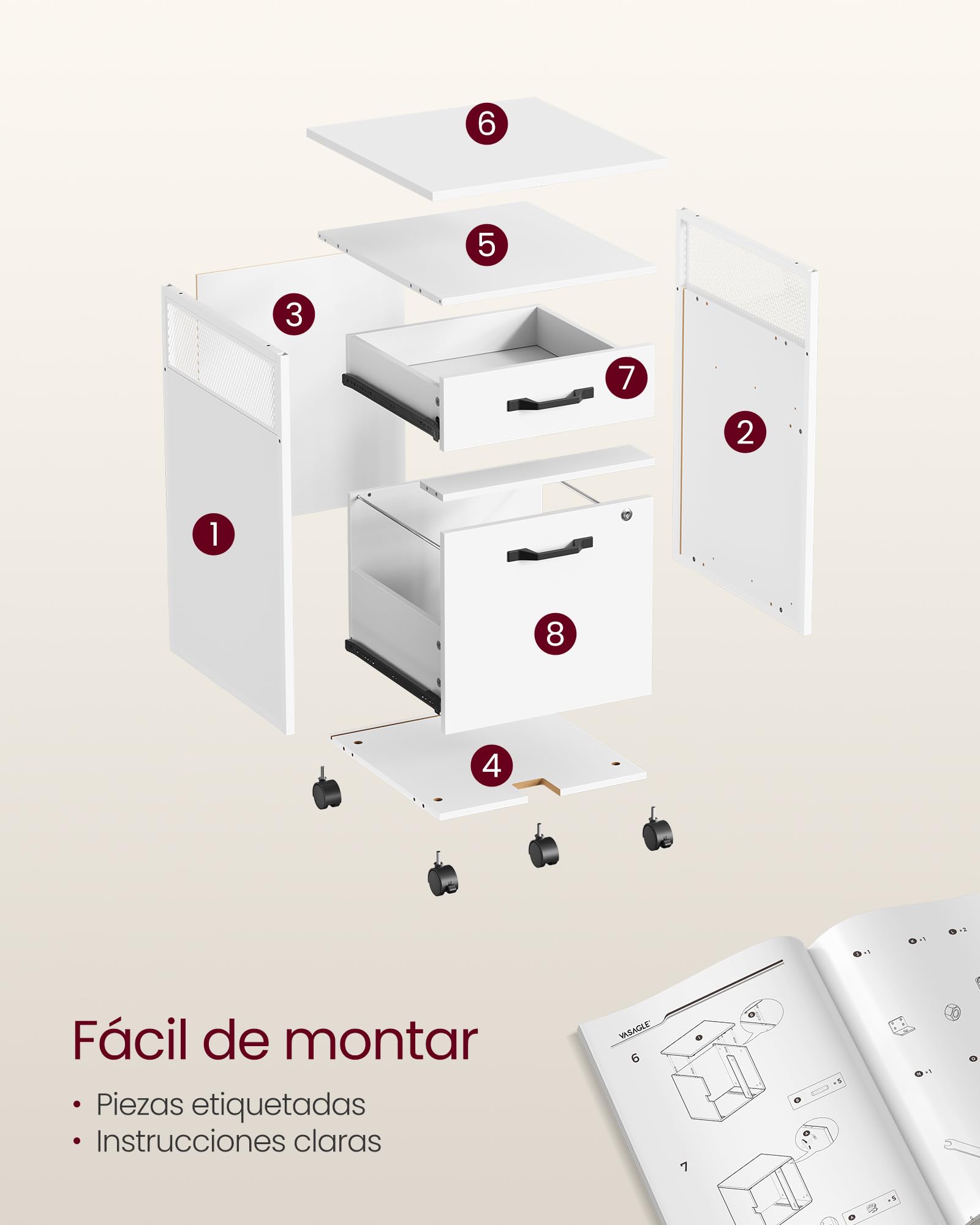 Foto 8 | Archivador Móvil Vasagle Con 2 Cajones, 44 X 42 X 69 Cm