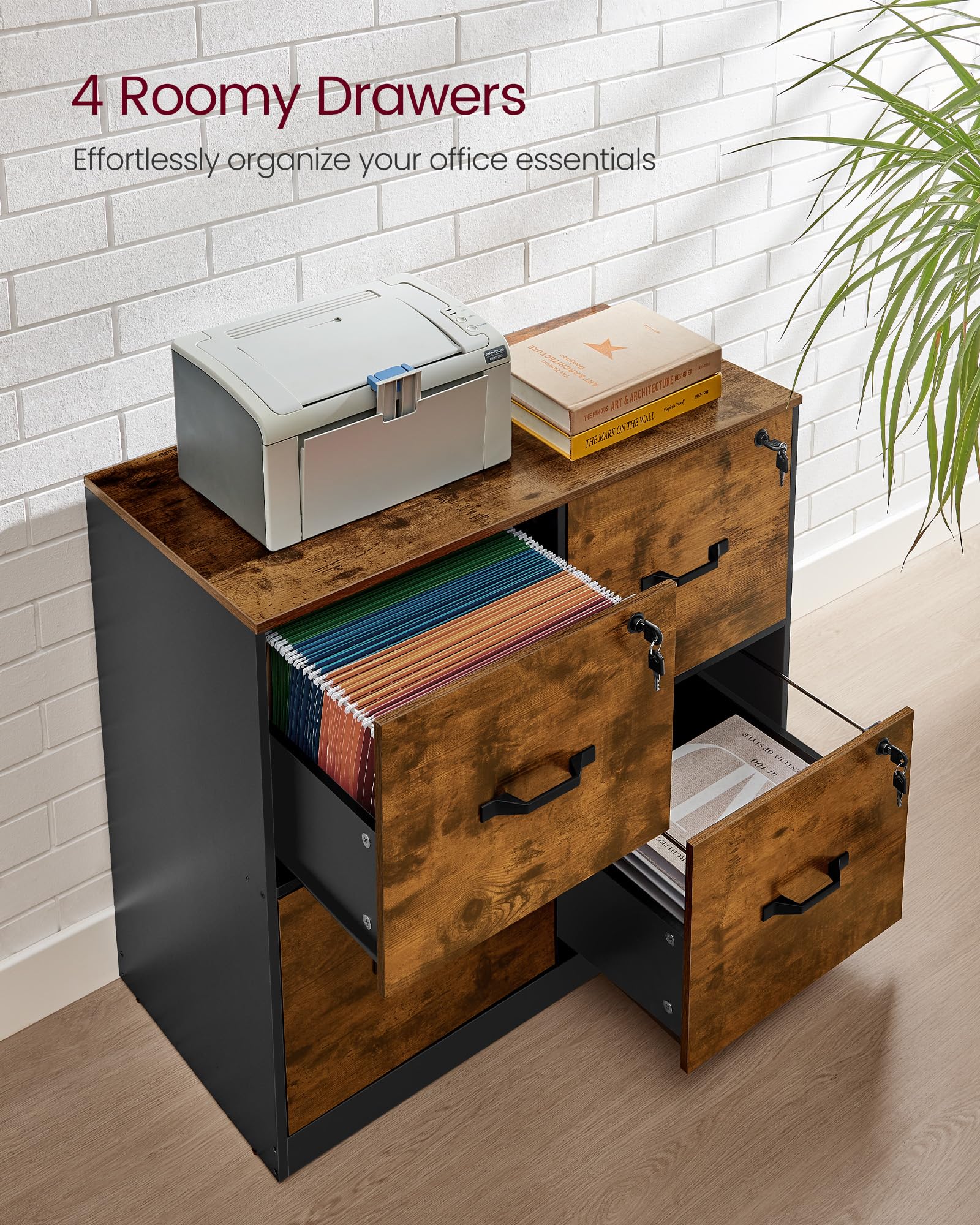 Foto 4 pulgar | Archivador Vasagle De 4 Cajones Con Cerradura Para A4 Y Letter Rustic - Venta Internacional.