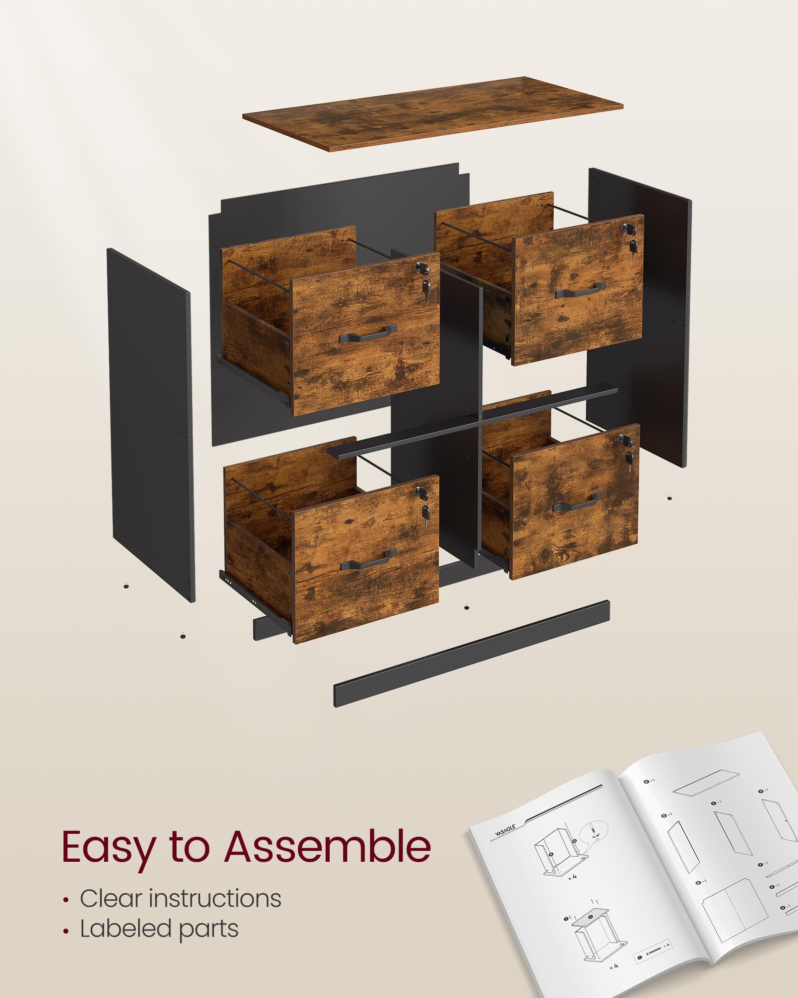 Foto 6 pulgar | Archivador Vasagle De 4 Cajones Con Cerradura Para A4 Y Letter Rustic - Venta Internacional.