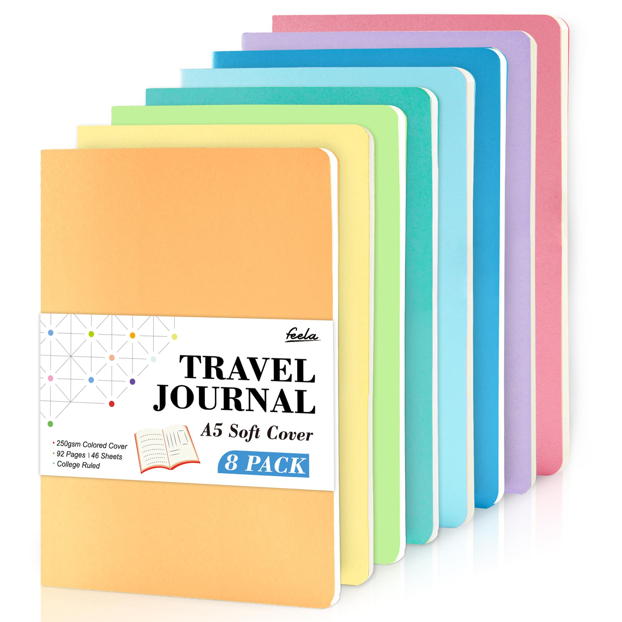 Foto 2 pulgar | Journal Feela, Paquete De 8 Unidades, Tapa Blanda, Tamaño A5, Con Rayas Universitarias, 92 Páginas - Venta Internacio