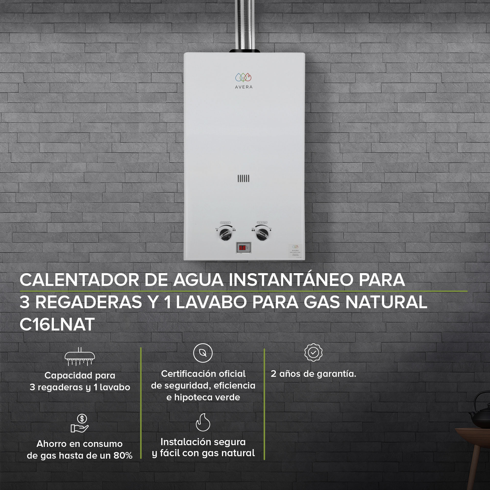 Foto 2 | Calentador de Agua Instantáneo Avera 3 Servicios Gas Natural C16lnat  color Blanco