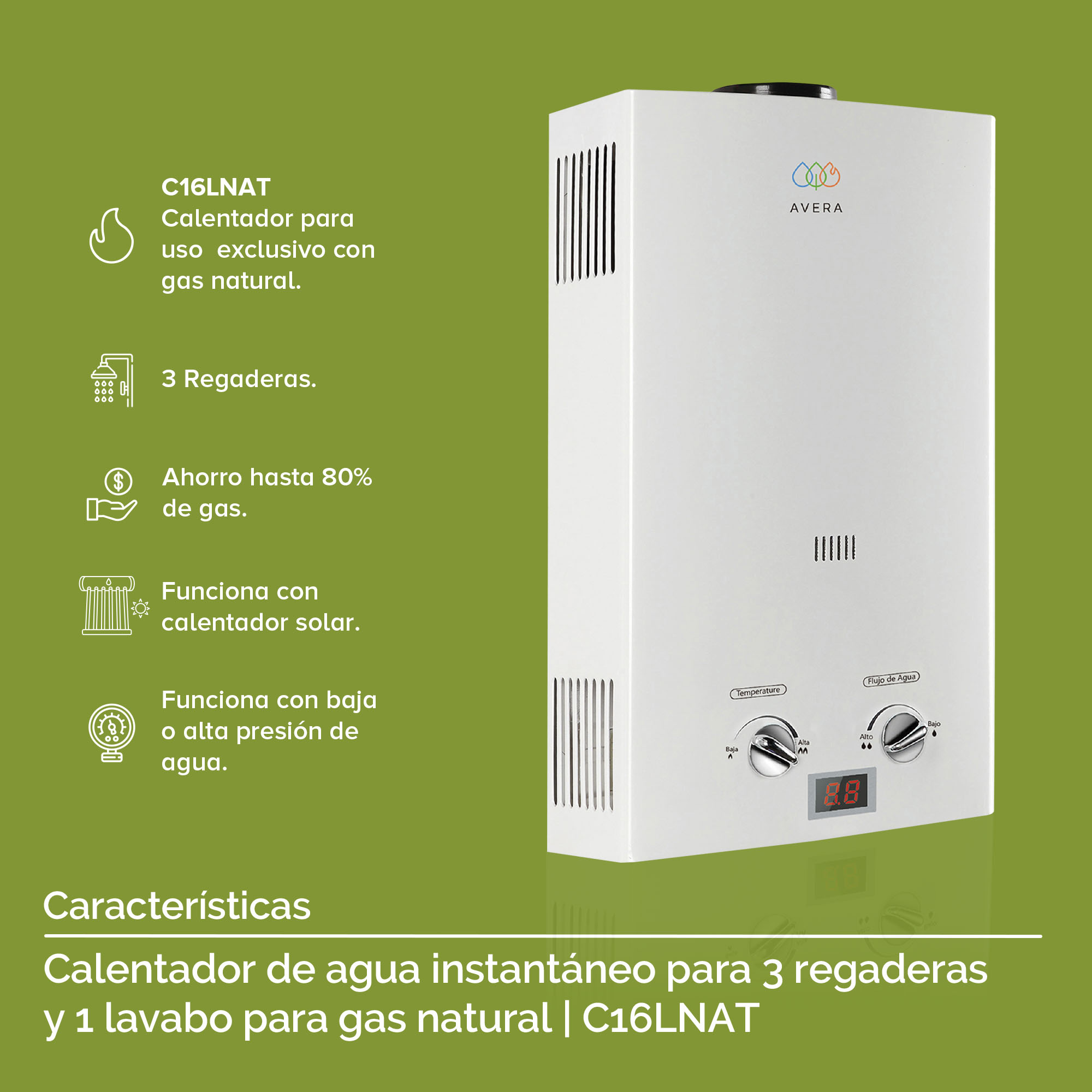 Foto 4 | Calentador de Agua Instantáneo Avera 3 Servicios Gas Natural C16lnat  color Blanco