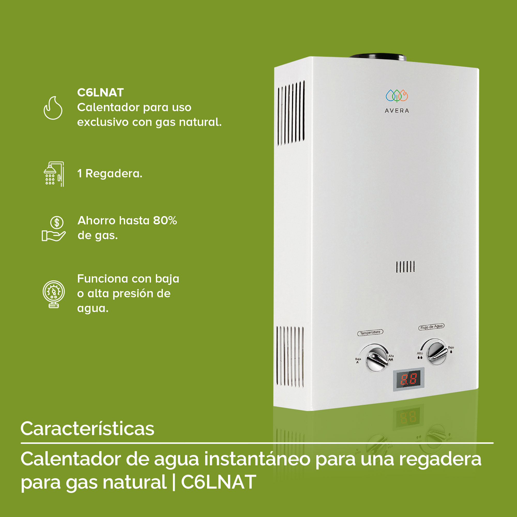 Foto 5 pulgar | Calentador de Agua Instantáneo Avera Gas 1 Servicio Natural C6lnat color Blanco