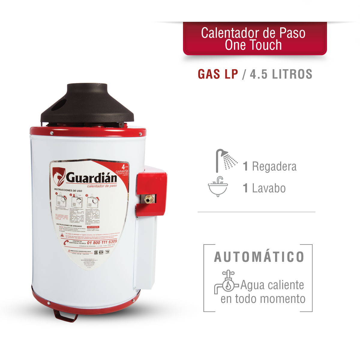 Foto 3 pulgar | Calentador de Agua de Paso Guardián GA-ONE-045LP-01 de Gas LP 4.5L 1.5 Servicios