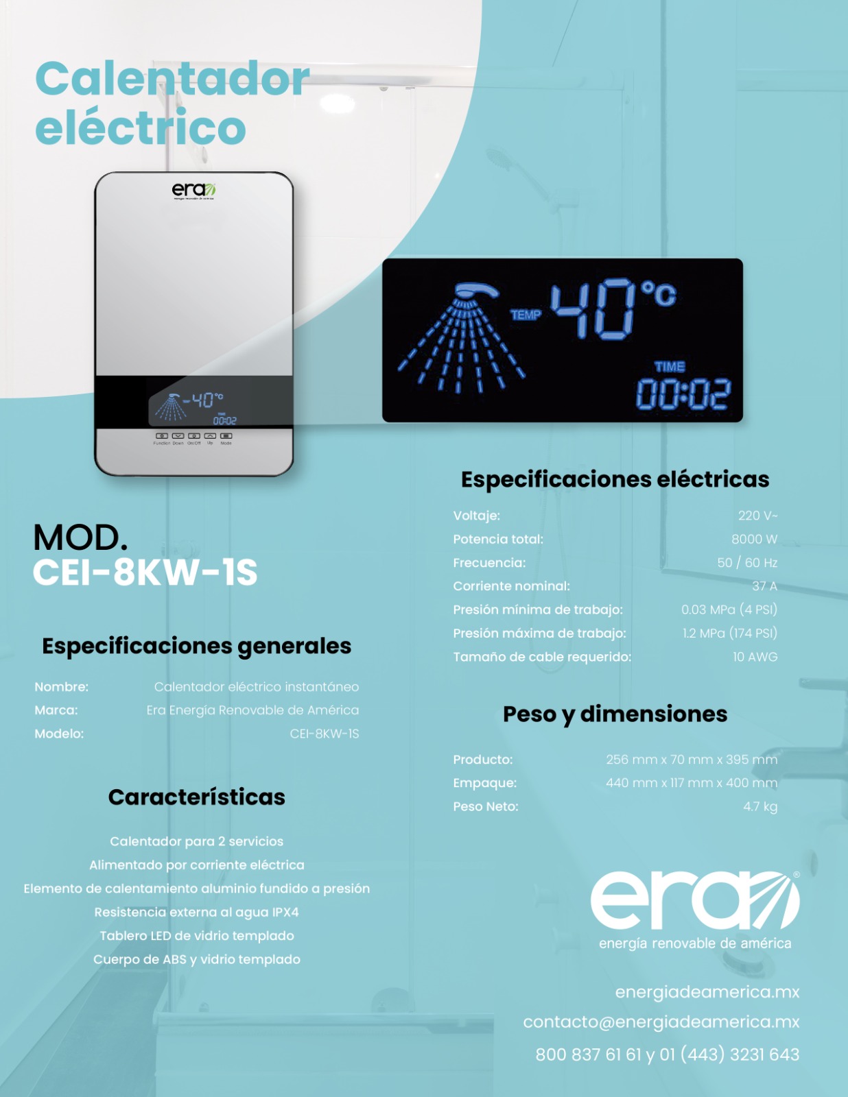 Foto 6 pulgar | Calentador Eléctrico Instantáneo ERA CEI-8KW-1S color Gris 8 000 W 2 Servicios