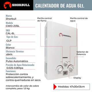 Foto 7 | Calentador de Paso Shorbull Instantáneo Gas LP 6 L
