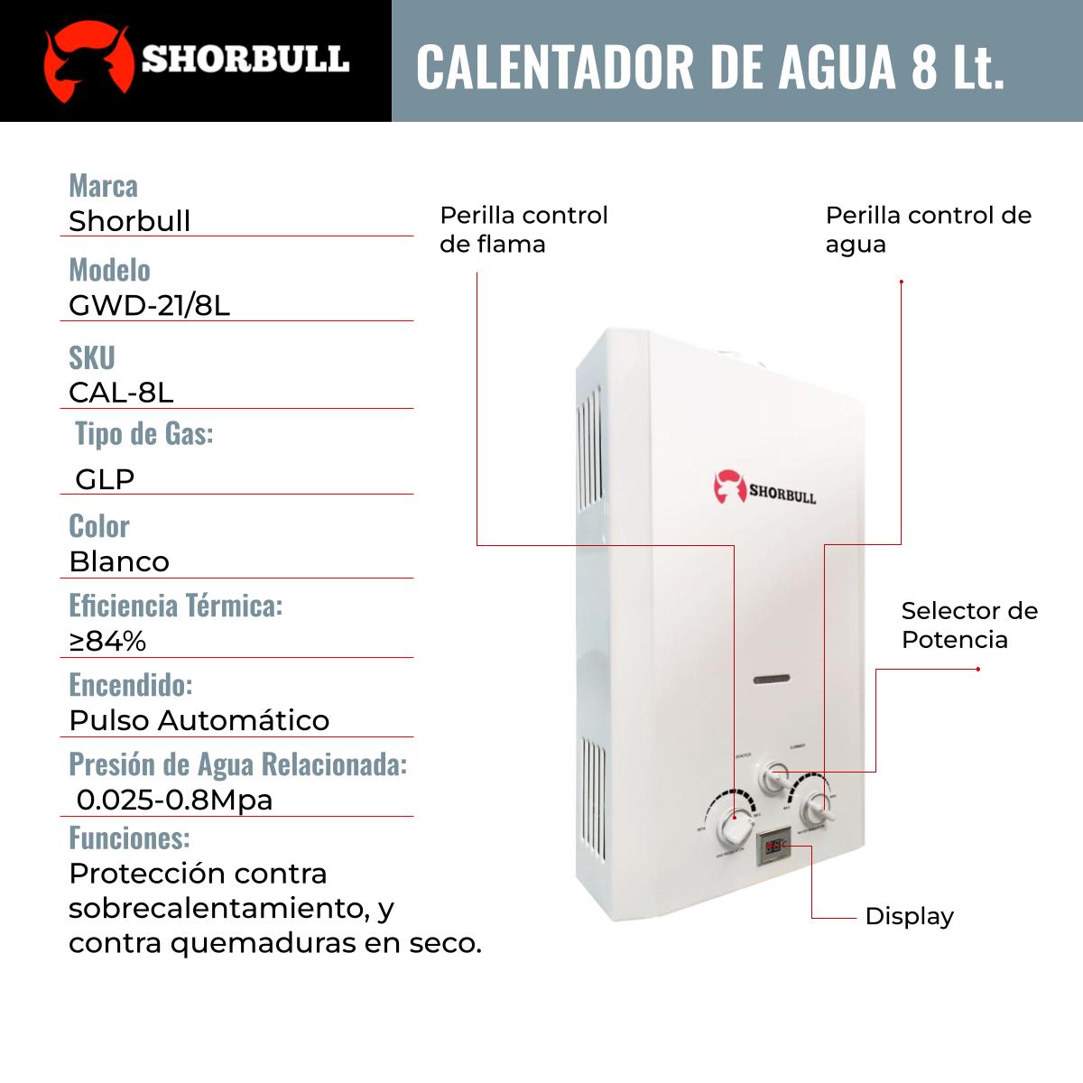 Foto 7 | Calentador Paso Shorbull GWD-21/8L Instantáneo Agua Ahorrador Gas 8l