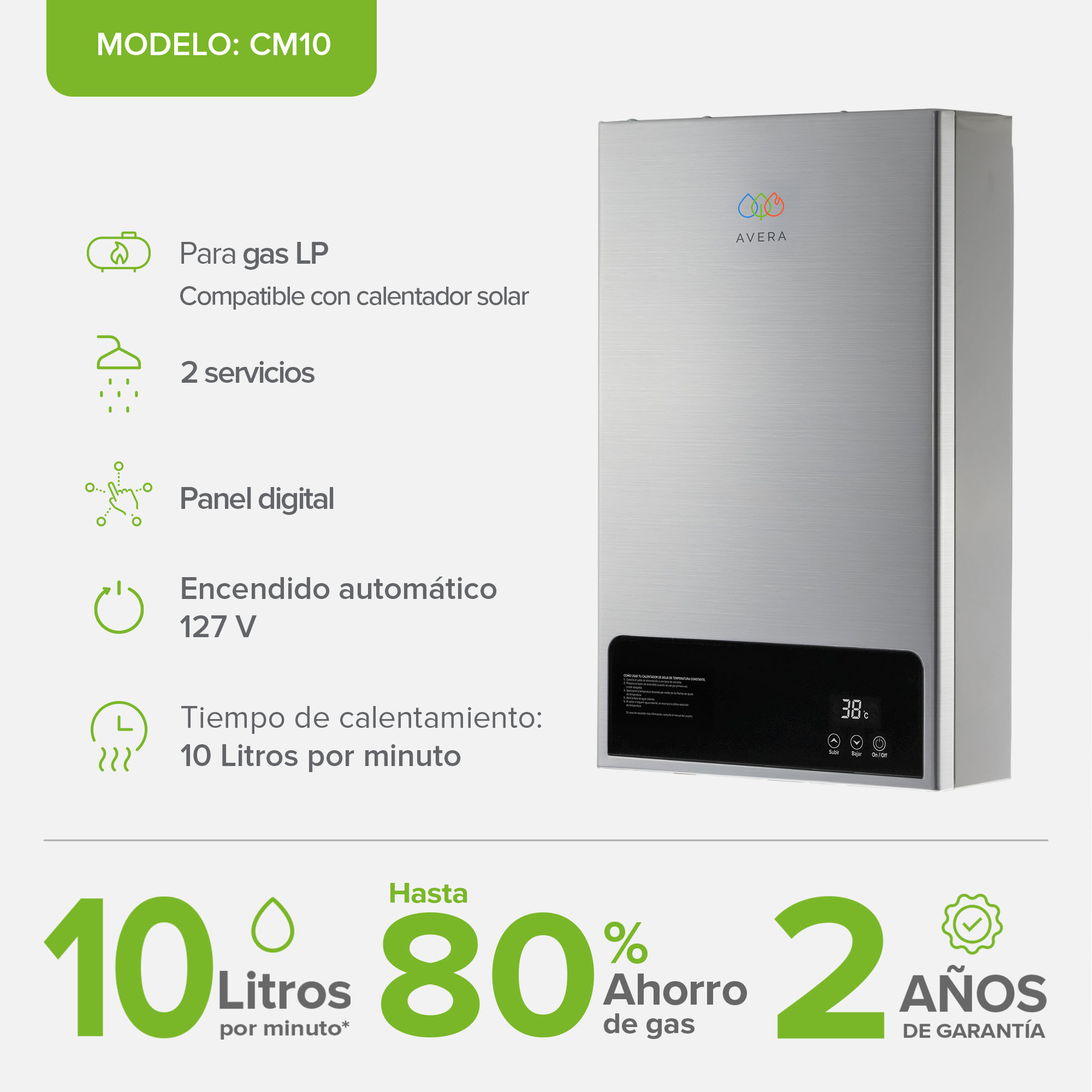 Foto 4 pulgar | Calentador De Agua Instantáneo Modulante Gas Lp  Capacidad 10l/minuto  2 Servicios Avera Cm10