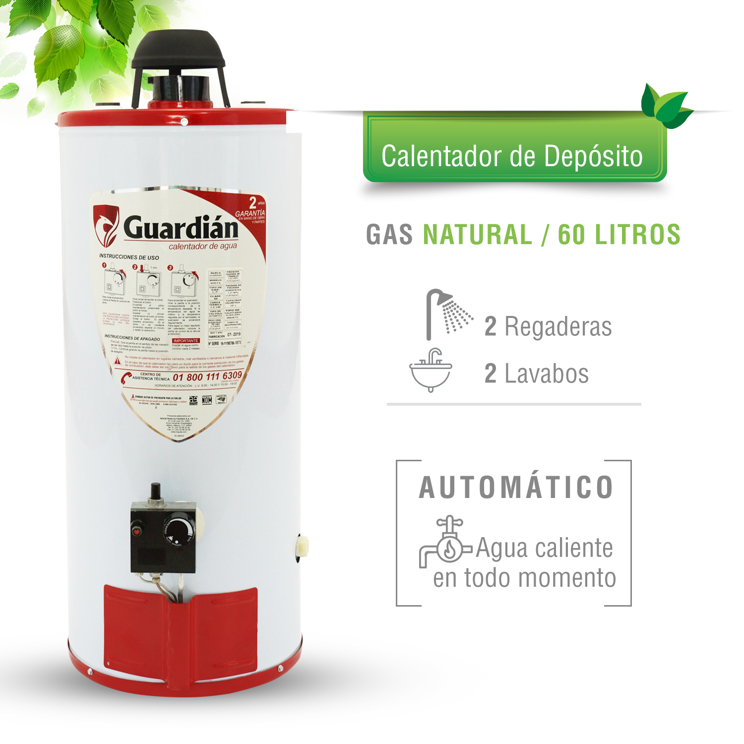 Foto 2 | Calentador de Agua de Depósito Guardián GA-DEP-060GN-01 de Gas Natural 60L 2.5 Servicios