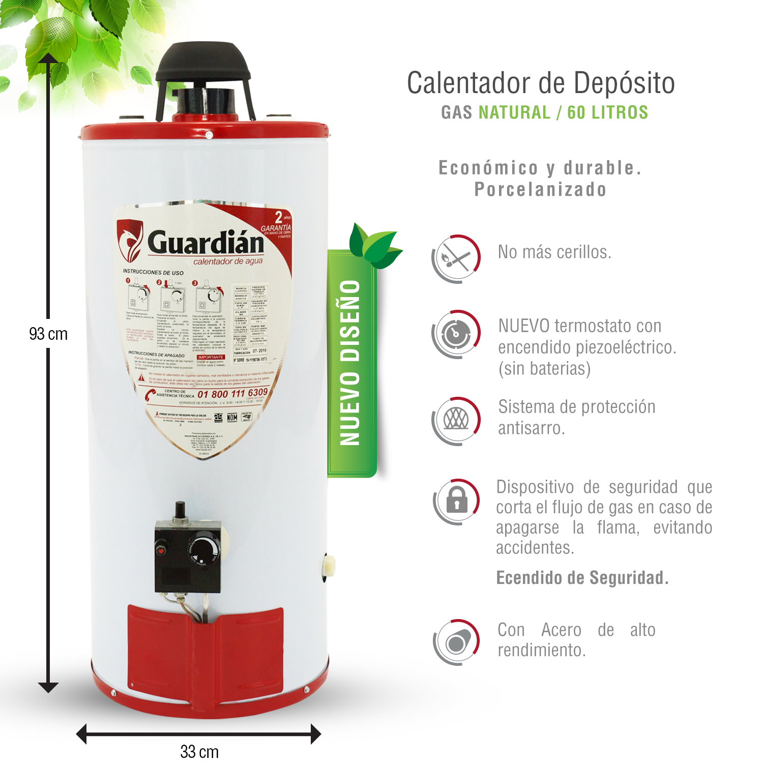 Foto 4 pulgar | Calentador de Agua de Depósito Guardián GA-DEP-060GN-01 de Gas Natural 60L 2.5 Servicios