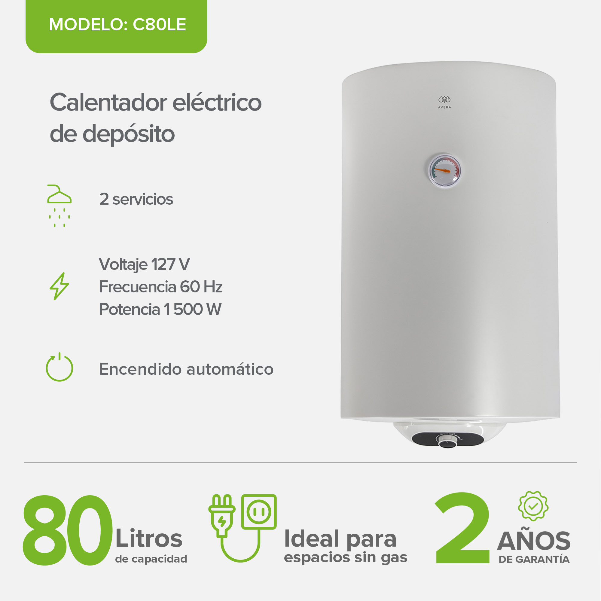 Foto 4 pulgar | Calentador De Agua De Depósito Eléctrico 80l  2 Servicios Avera C80l